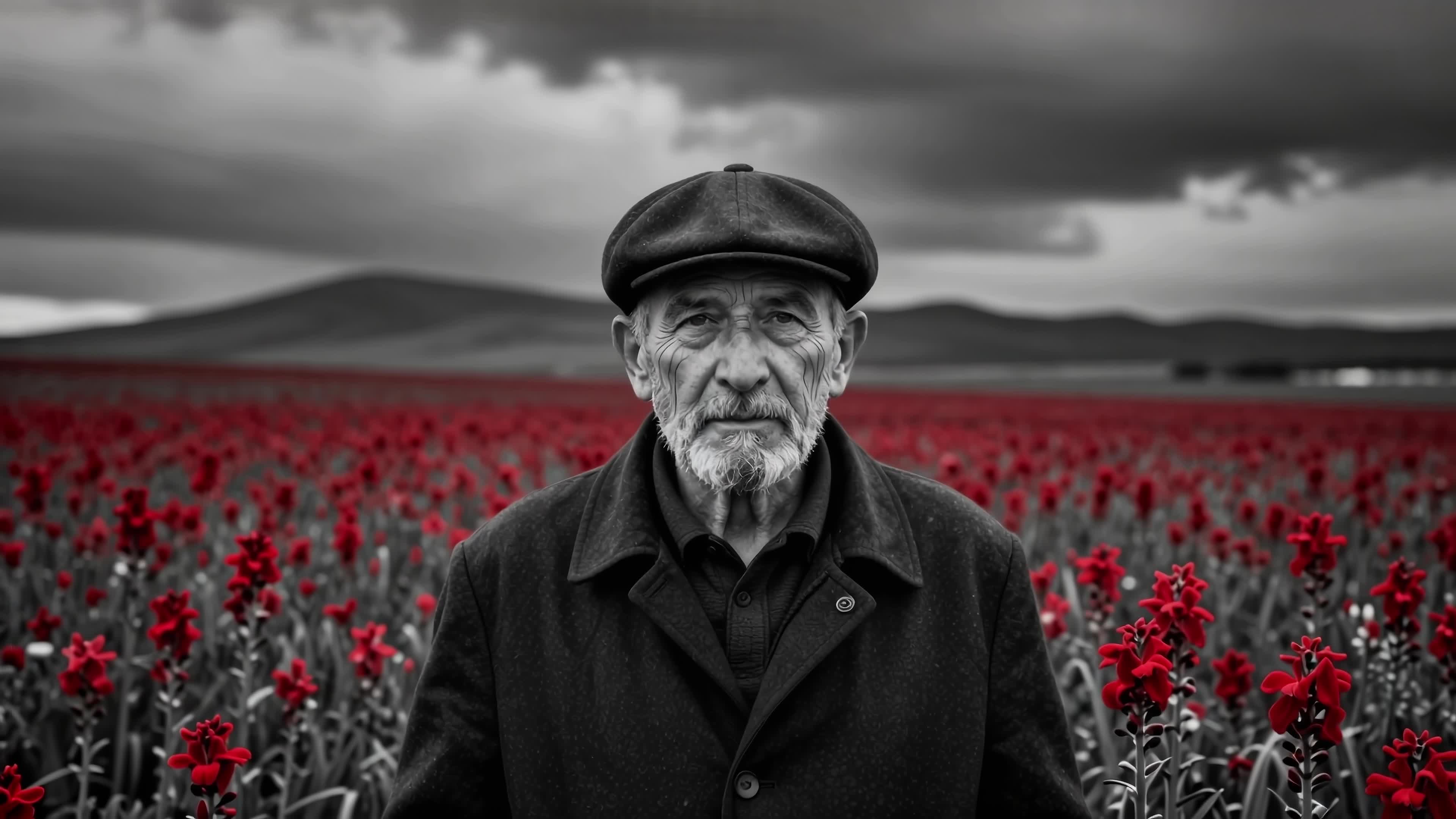 4K video of an elderly gentleman stands solemnly among vibrant red poppy fields with moody skies above, capturing poignant artistry and enduring legacy.