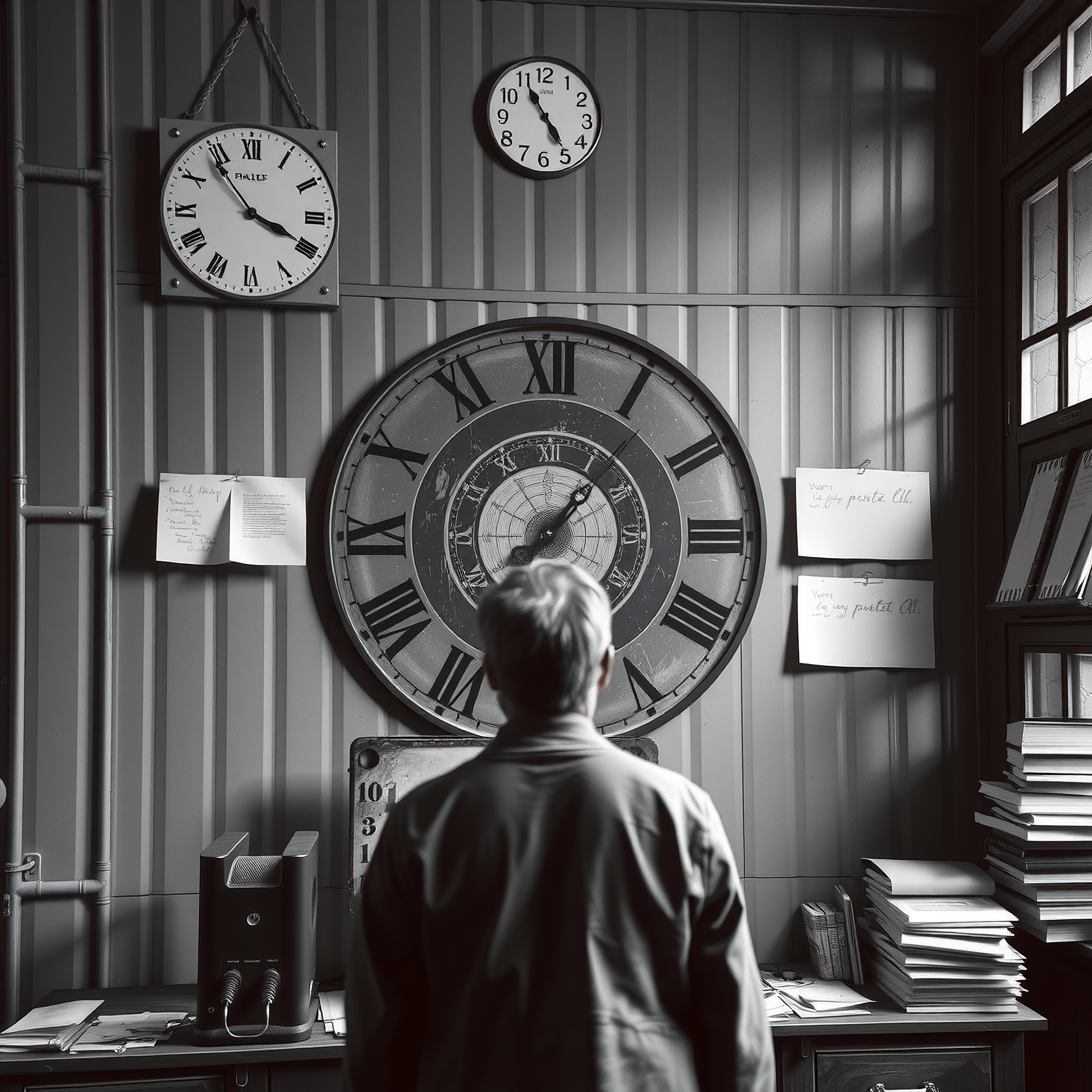Man viewed from behind in an industrial setting with large wall clocks