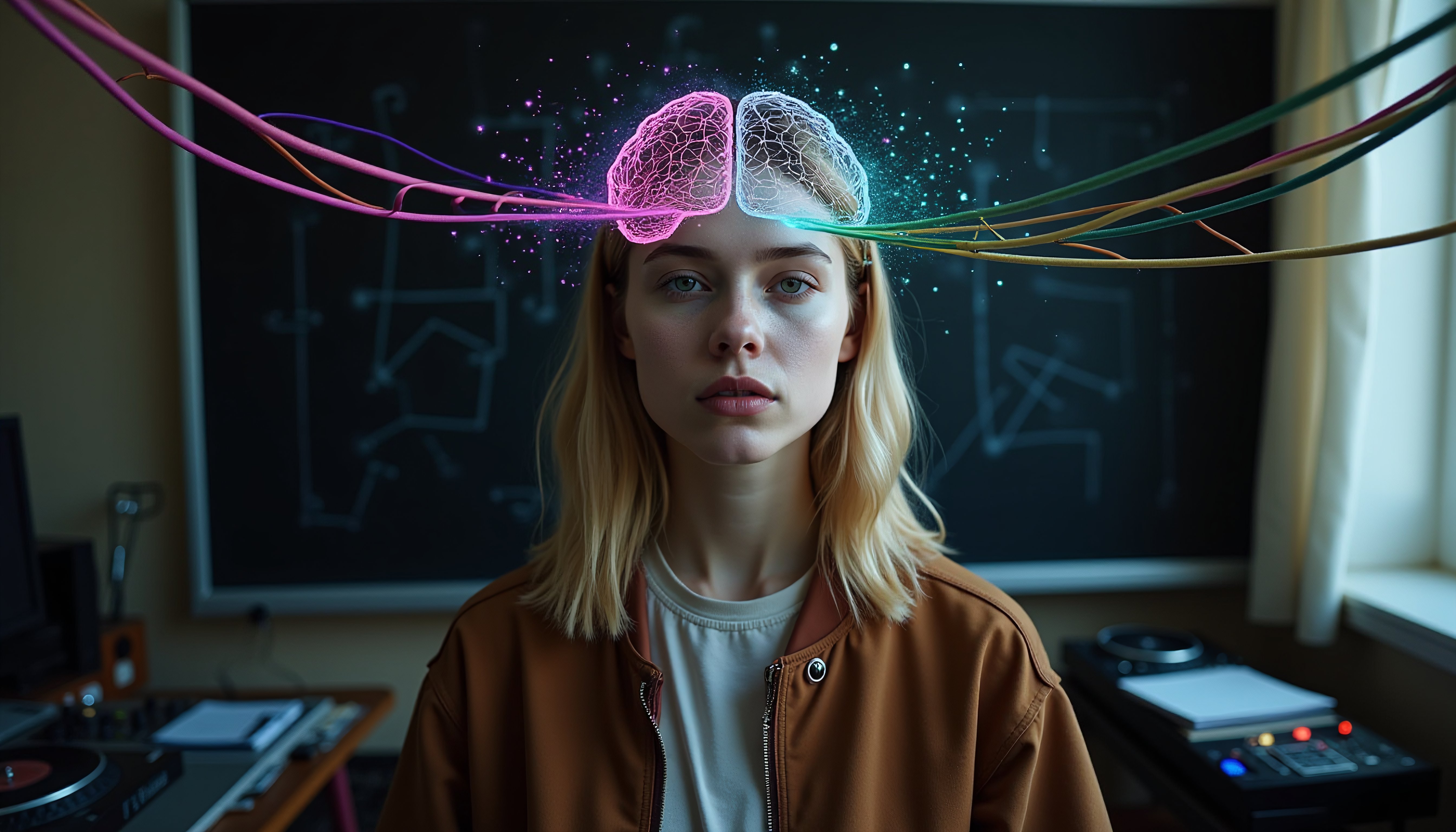 Futuristic Brain Visualization with Neural Network and Colorful Cables in Studio Setting