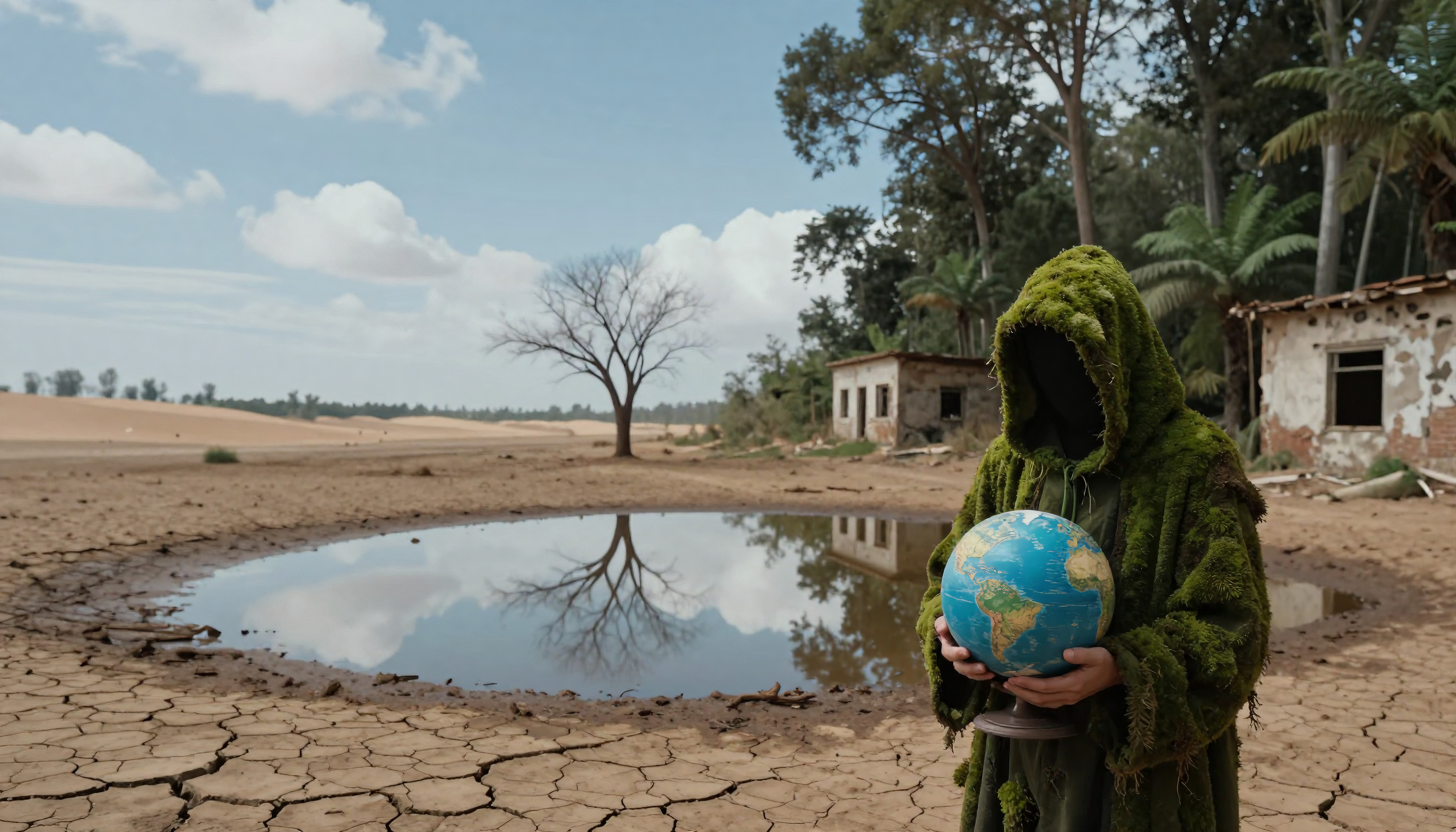 Figure Holding Earth Globe in Arid, Post-Apocalyptic Landscape