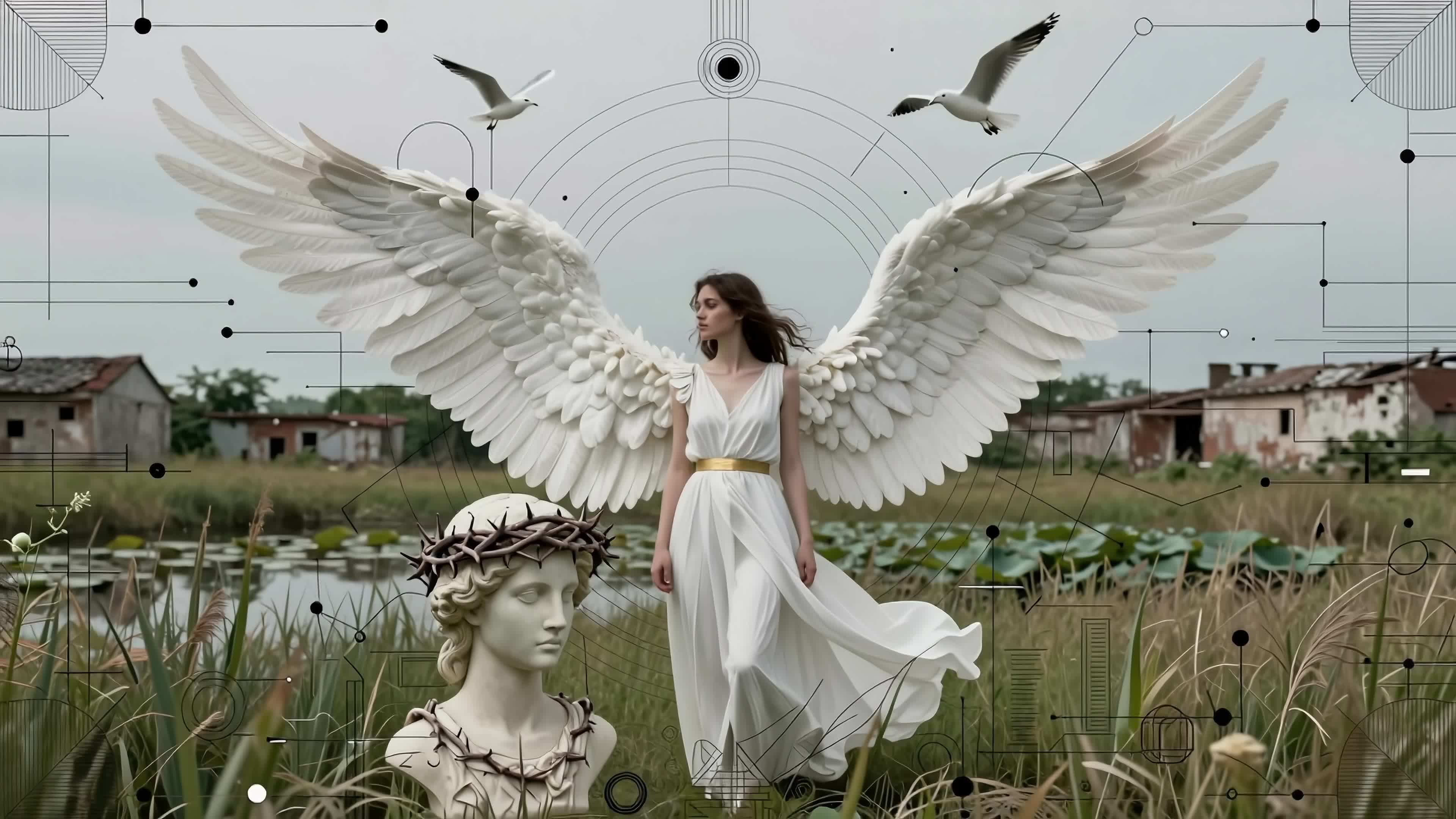 4K video of an angel with expansive wings walks gracefully through a desolate countryside near water, flanked by two flying seagulls and passing a stone bust adorned with thorns under an overcast sky.