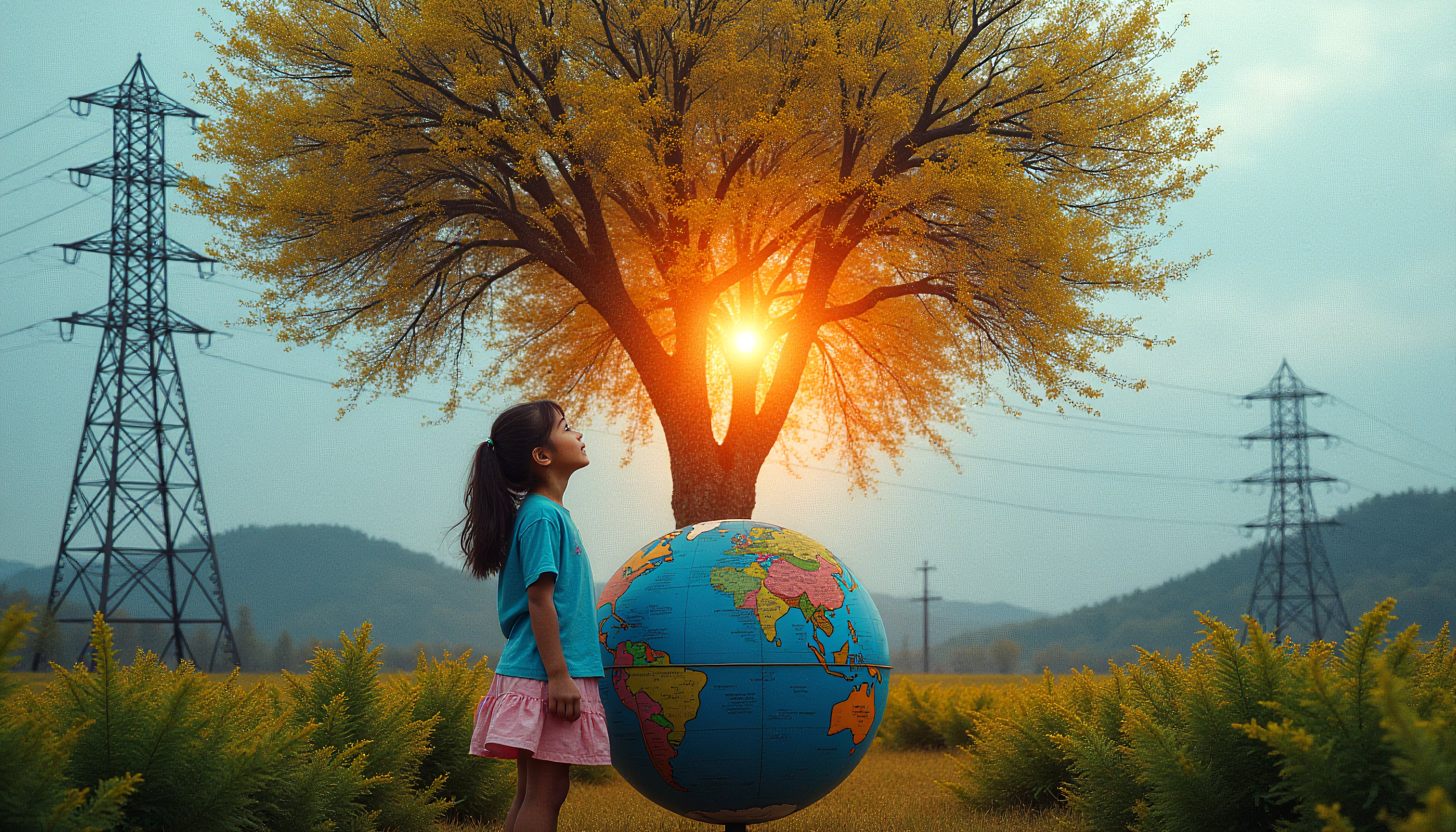 Child with Globe Under Golden Tree at Sunset