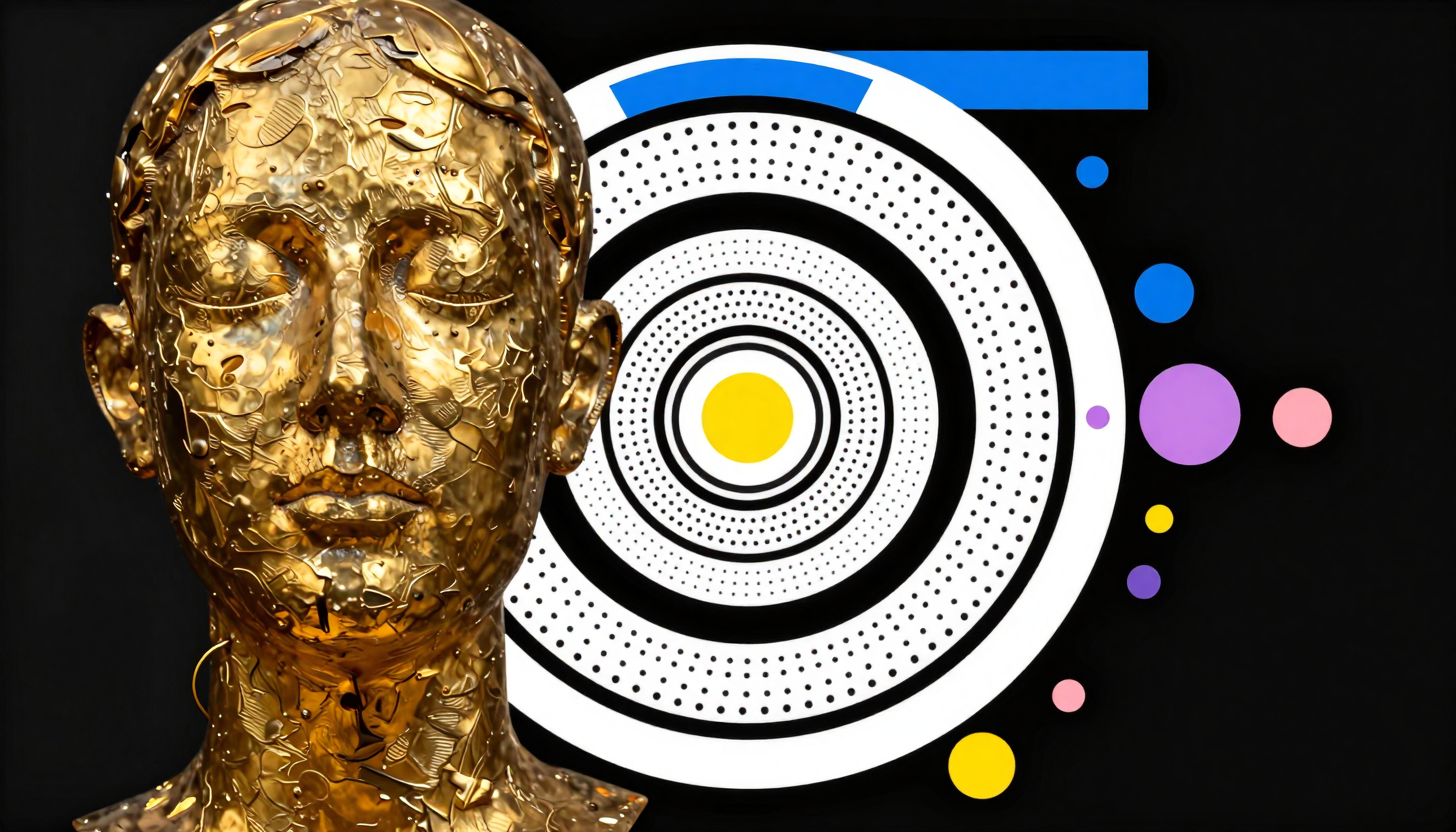 Golden Bust Sculpture with Abstract Target Graphic Design