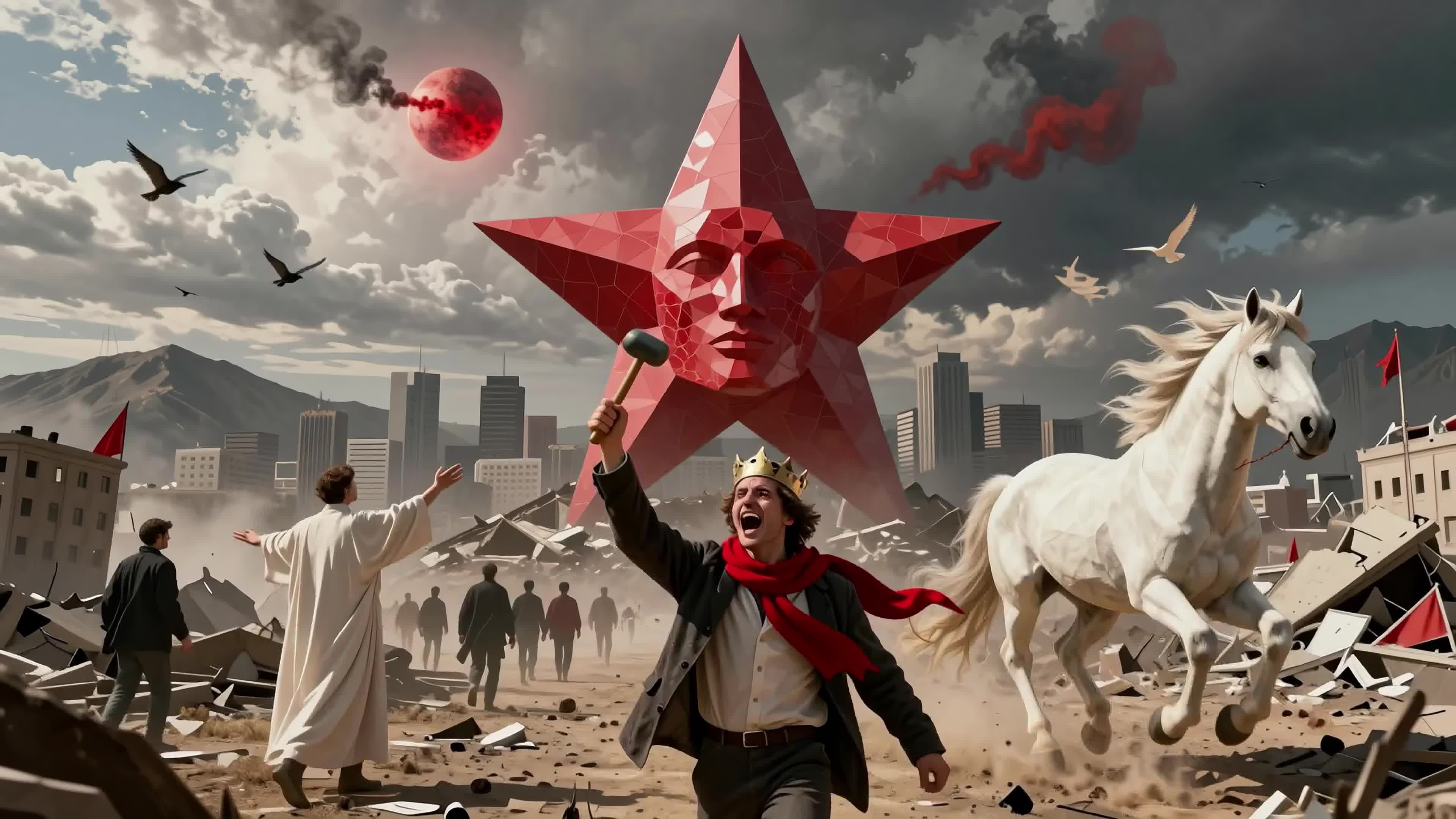 4K video of a shattered metropolis awash in twilight hues, survivors clad in white robes pray amidst collapsing towers, birds circle overhead under a blood-red sky — symbolizing either final reckoning or heavenly mercy descending upon Earth's ruin.