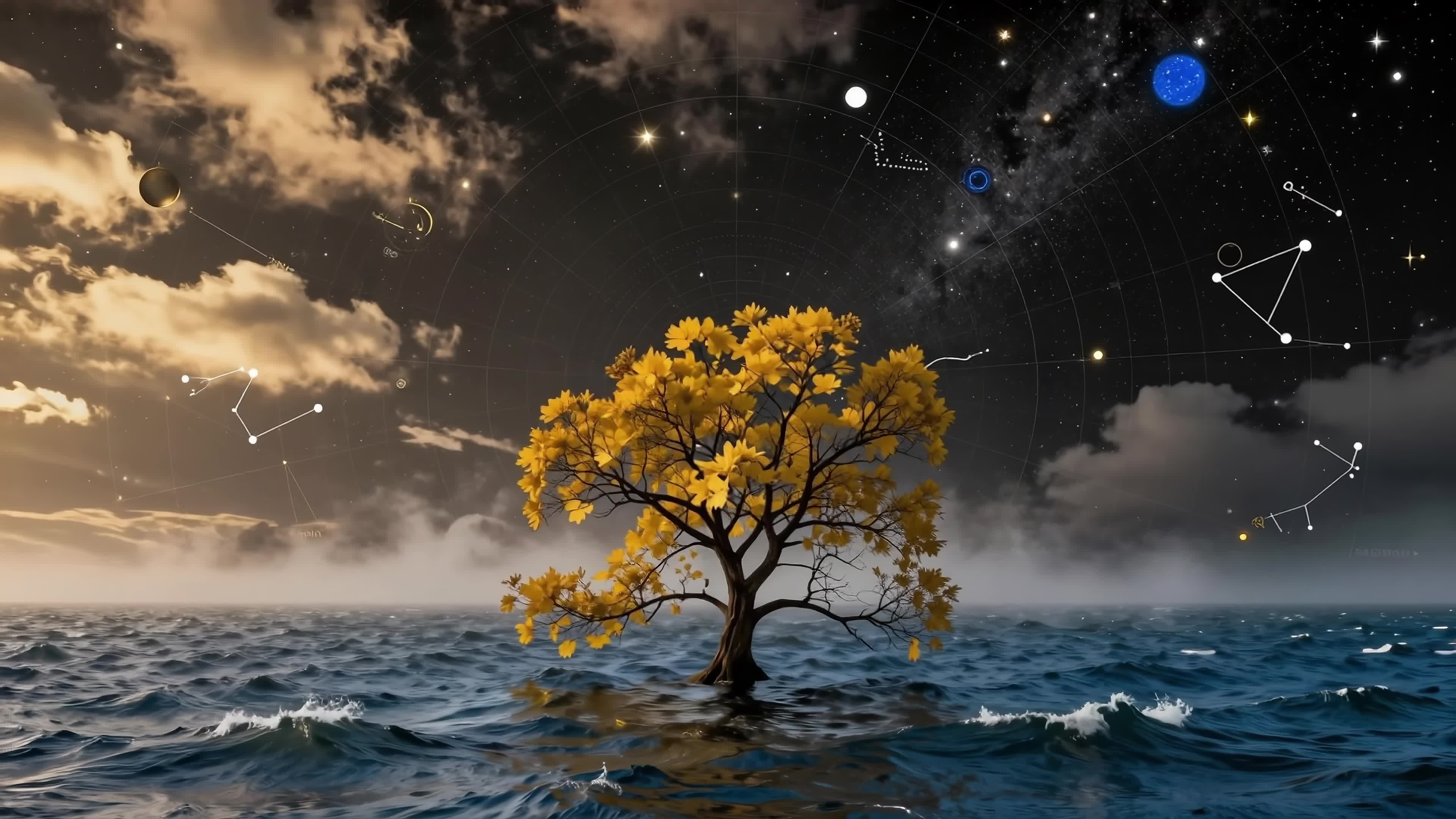 4K Video Solitary Tree Defying Cosmic Tides Amidst Starlit Storms Over Ocean Waves