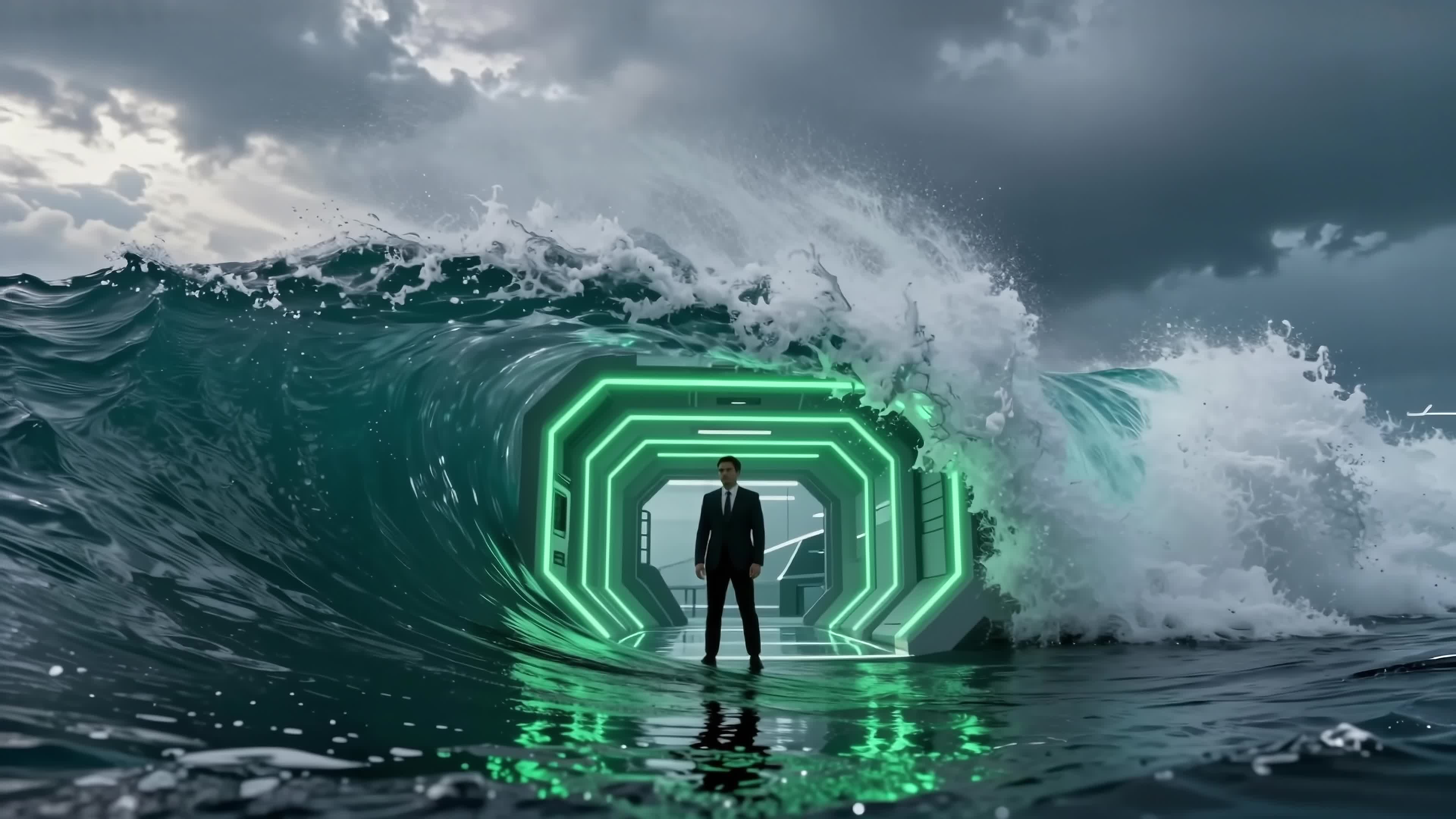 Man in black suit standing calmly inside glowing neon hexagon tunnel amid massive crashing ocean waves under stormy skies — surreal sci-fi 4K video.