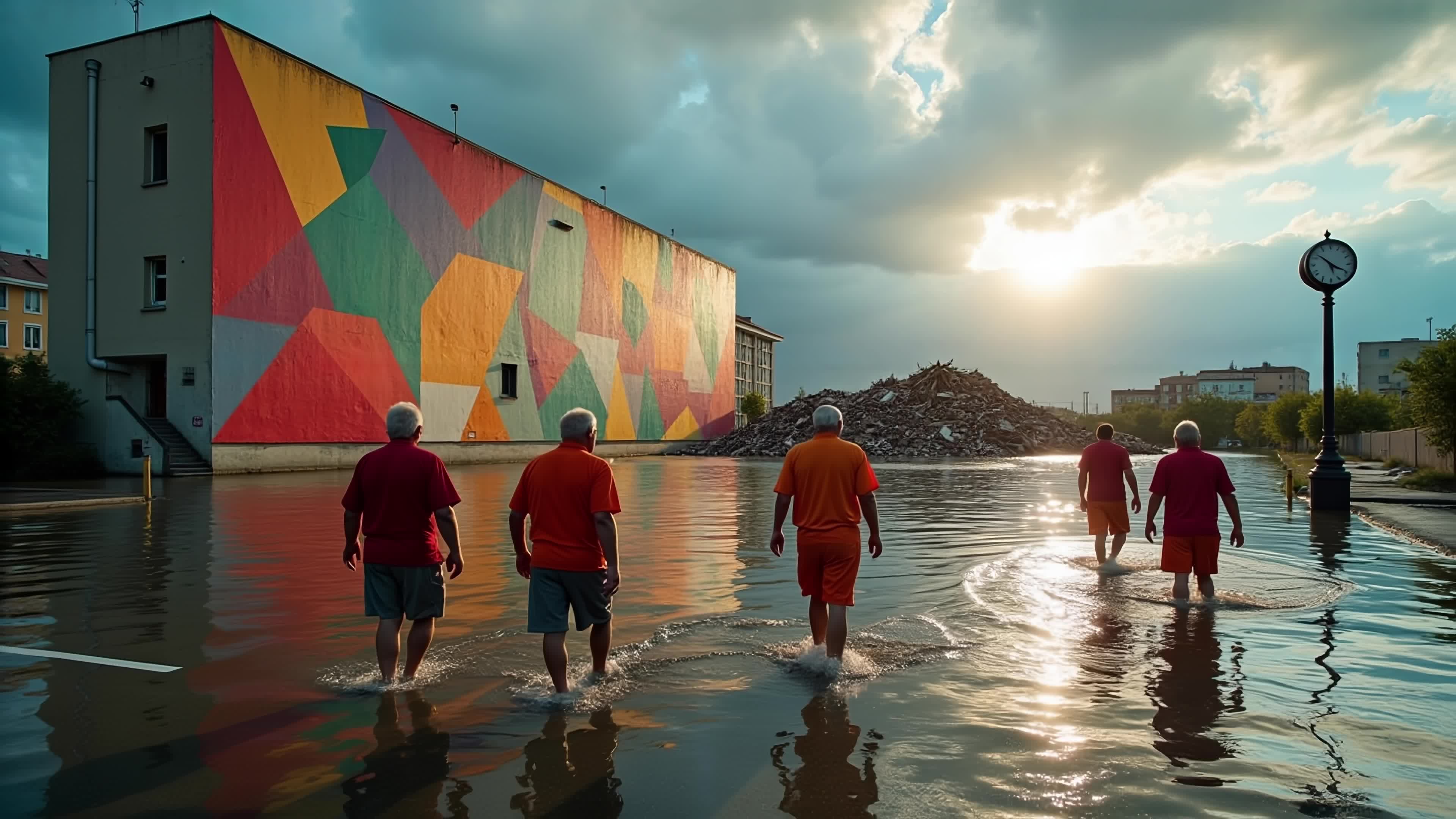 Six men wearing bright orange-red shirts wading through flooded urban streets beneath a colorful mural during golden hour sunset - 4K video.