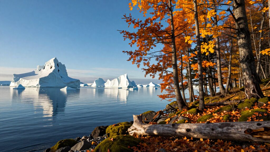 Autumnal Arctic Shore with Icebergs and Fall Foliage
