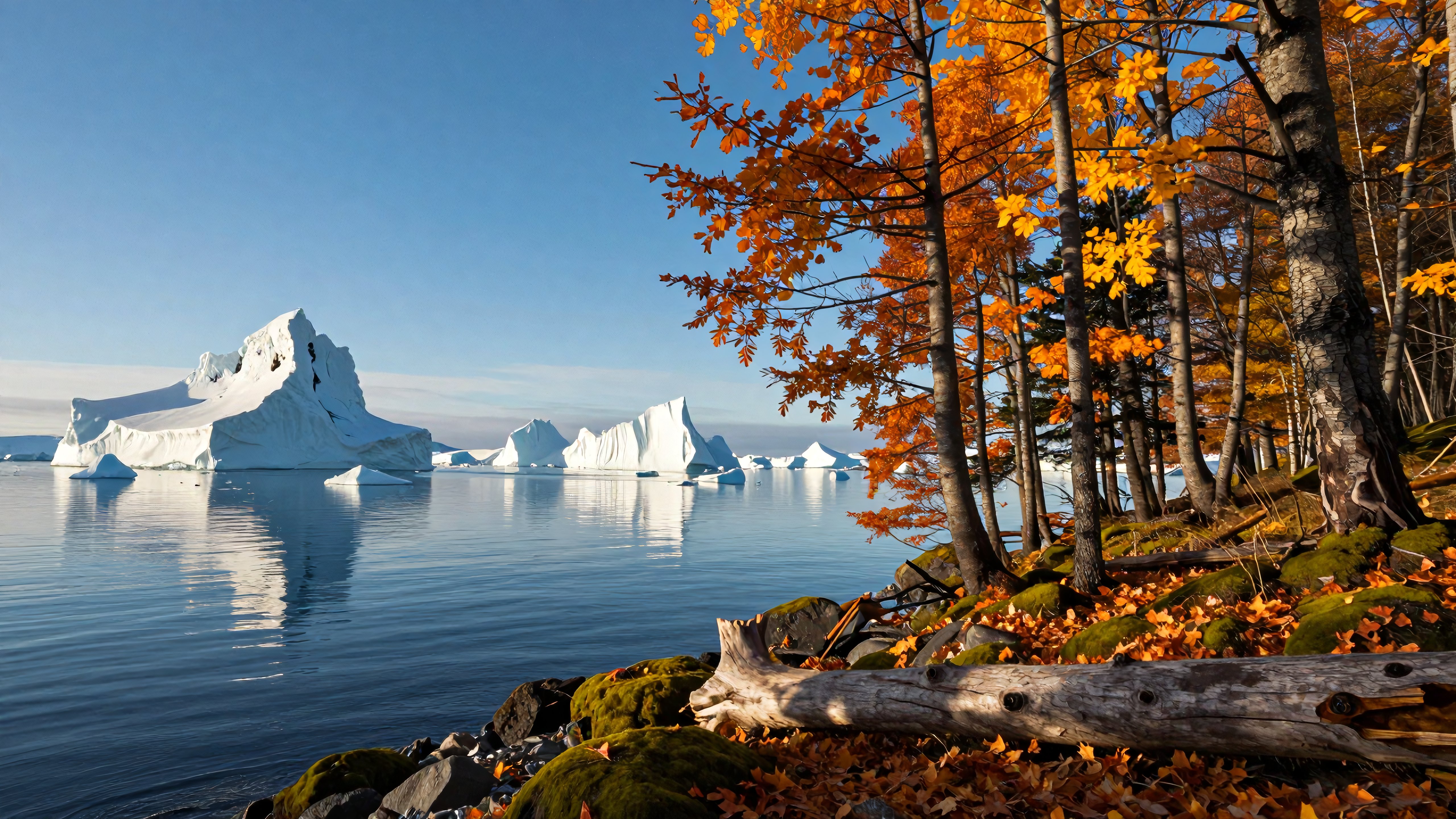 Autumnal Arctic Shore with Icebergs and Fall Foliage