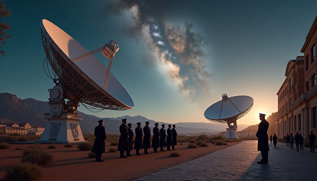 Military Officers at Satellite Observatory with Milky Way Sunset