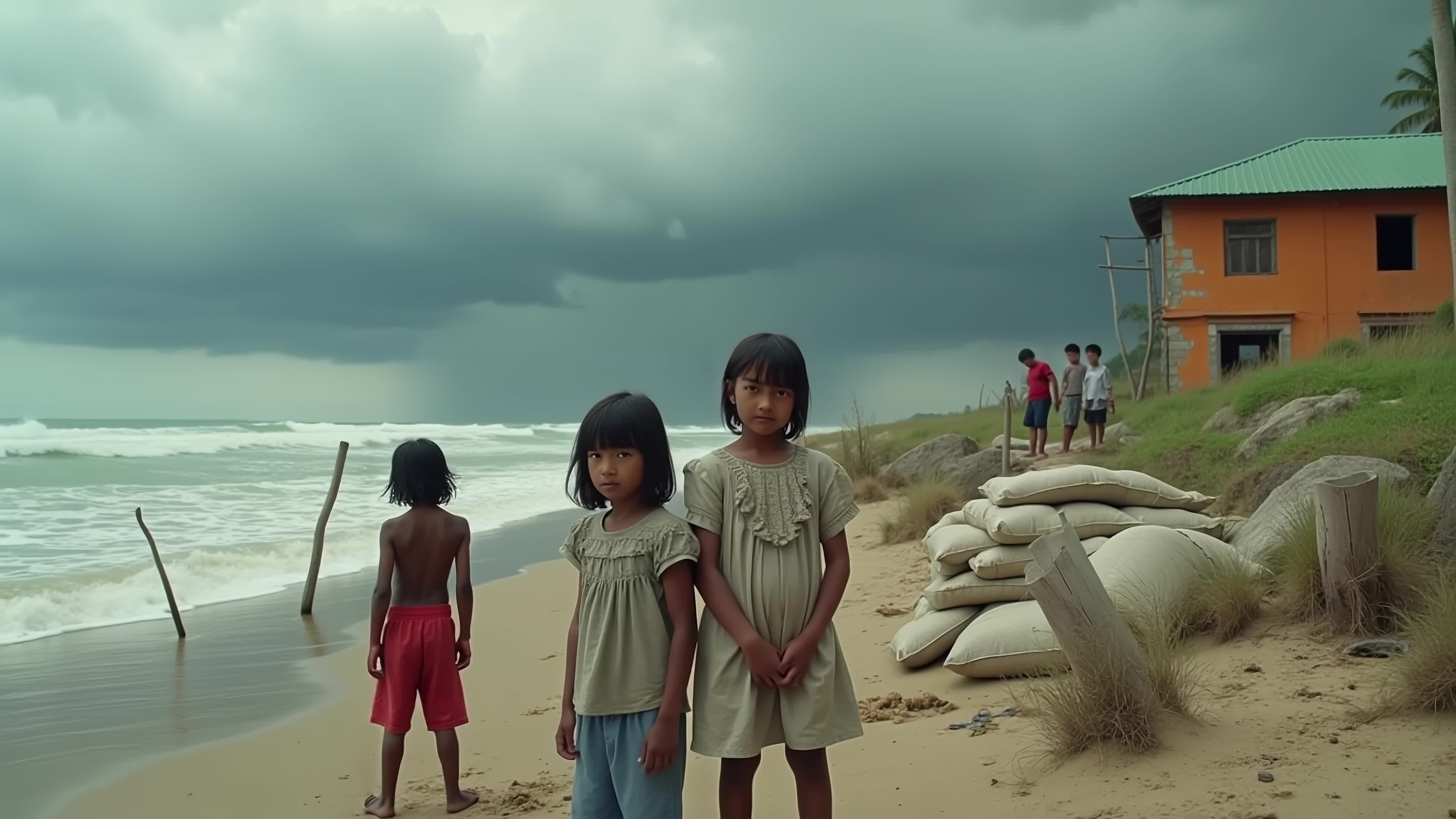 Children watch wild ocean waves crash beside sandbags protecting small coastal village during stormy day - 4K video.
