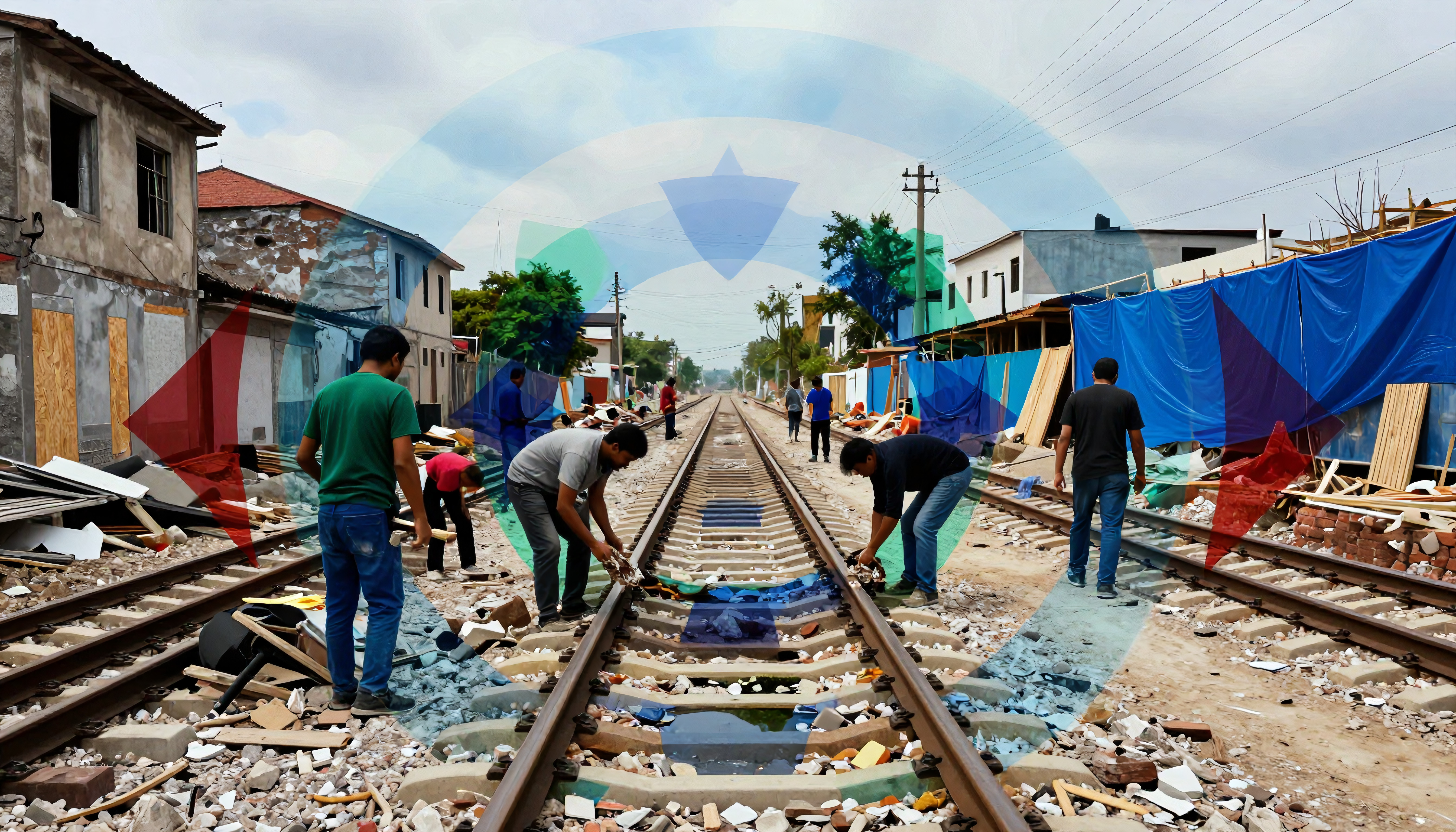 Workers Repairing Railway Tracks Amid Construction Debris