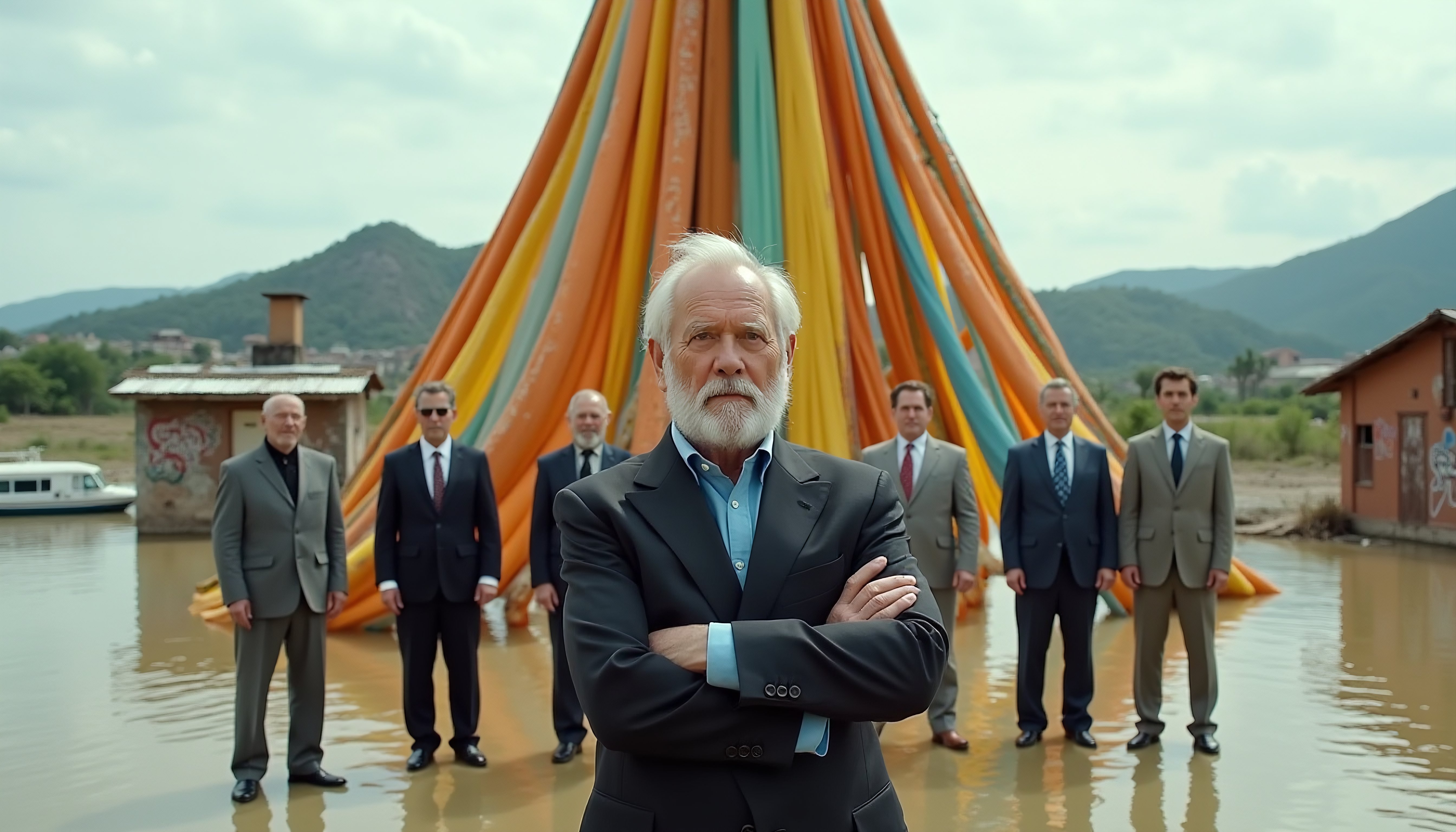 Businessmen Group in Suits Standing Amidst Flooded River and Vibrant Tent