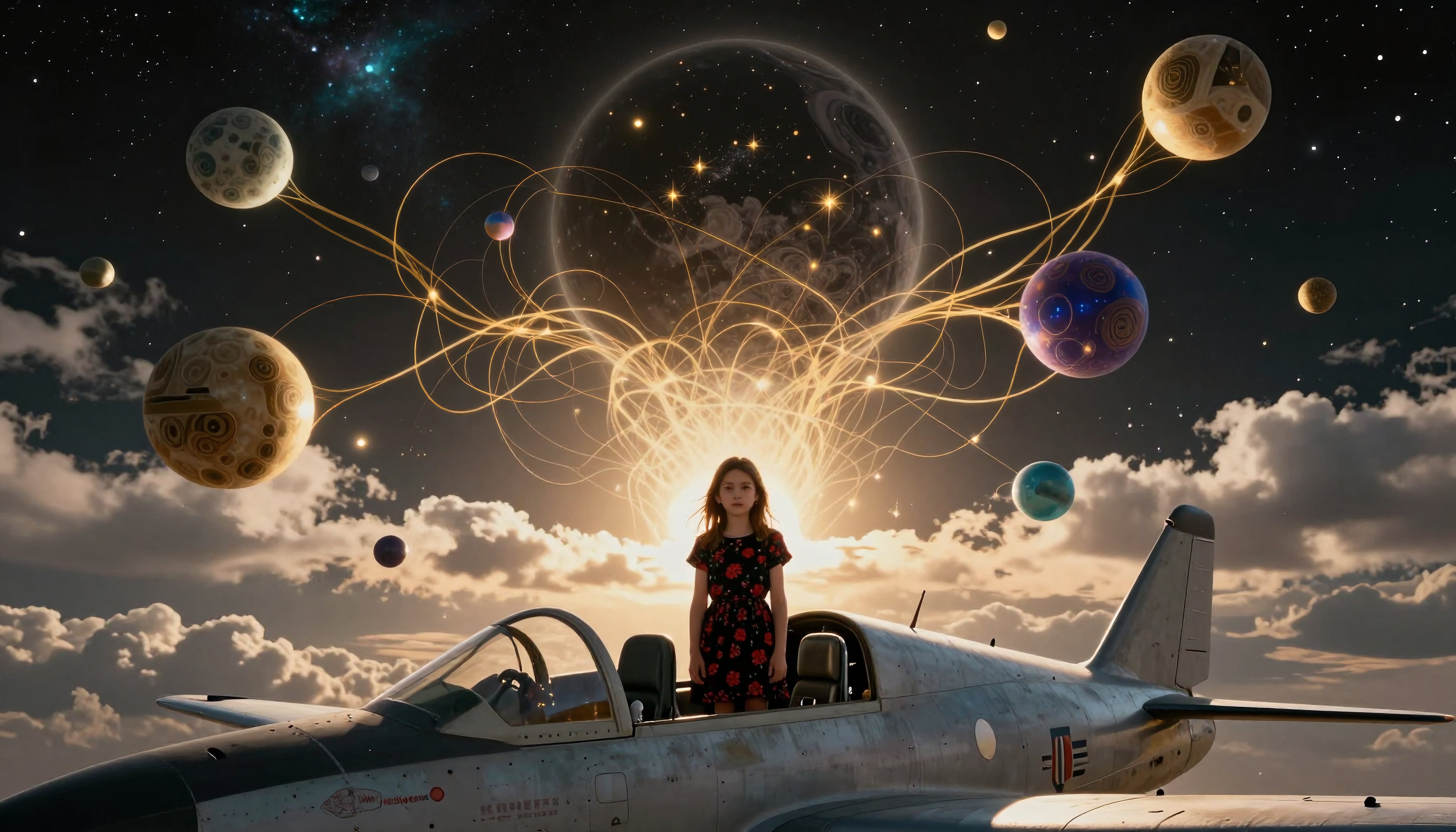 Surreal Cosmic Scene with Girl in Vintage Jet Amidst Planets and Golden Threads