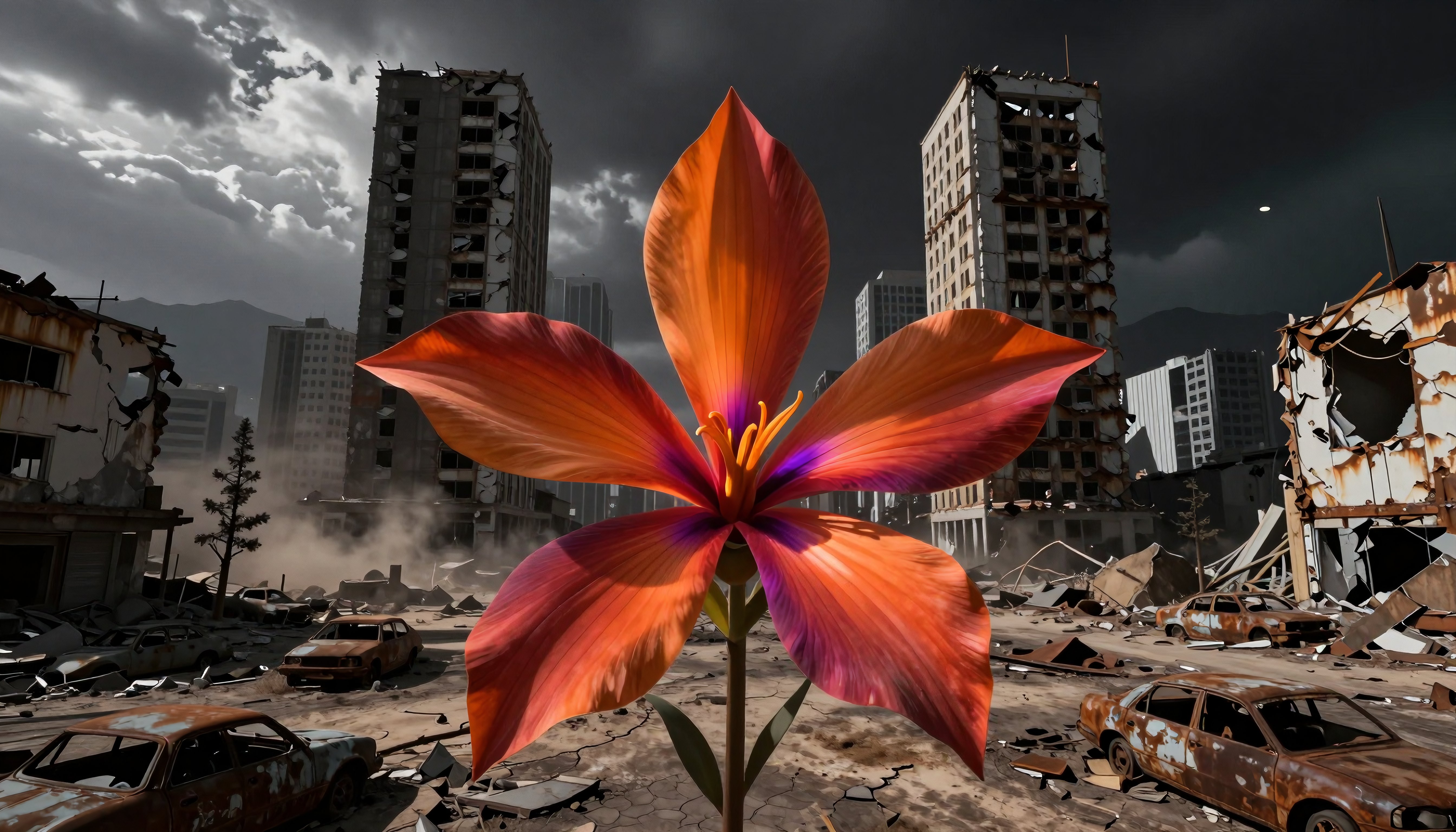 Vibrant Flower in Post-Apocalyptic Urban Ruins