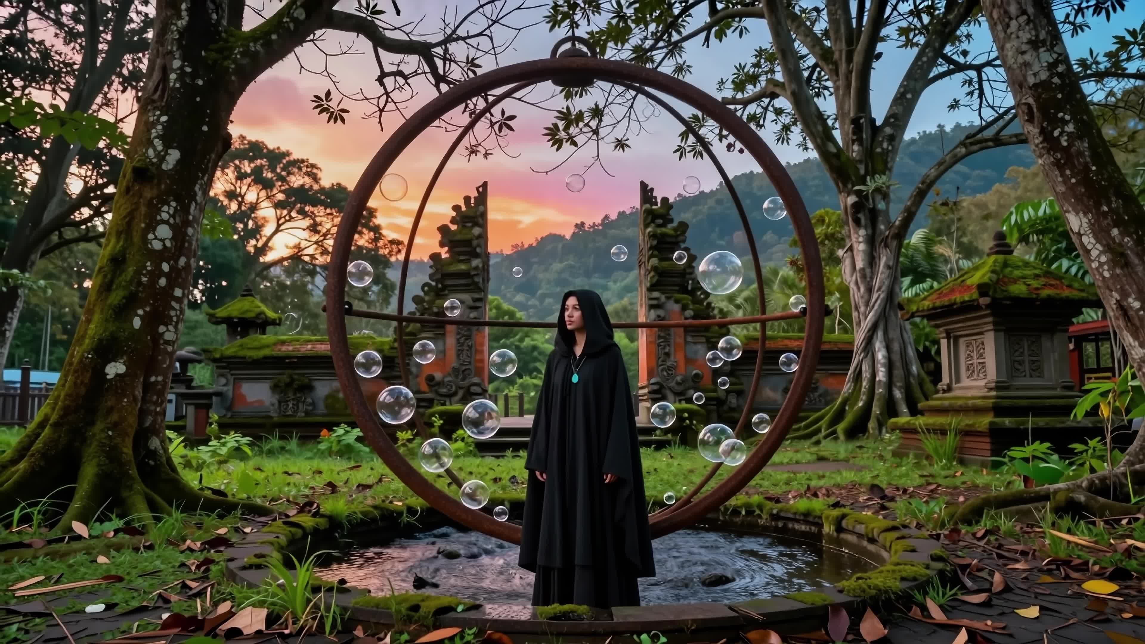 4K video - enchanted woman standing before glowing portal amidst Bali temples surrounded by floating bubbles during golden hour dusk.