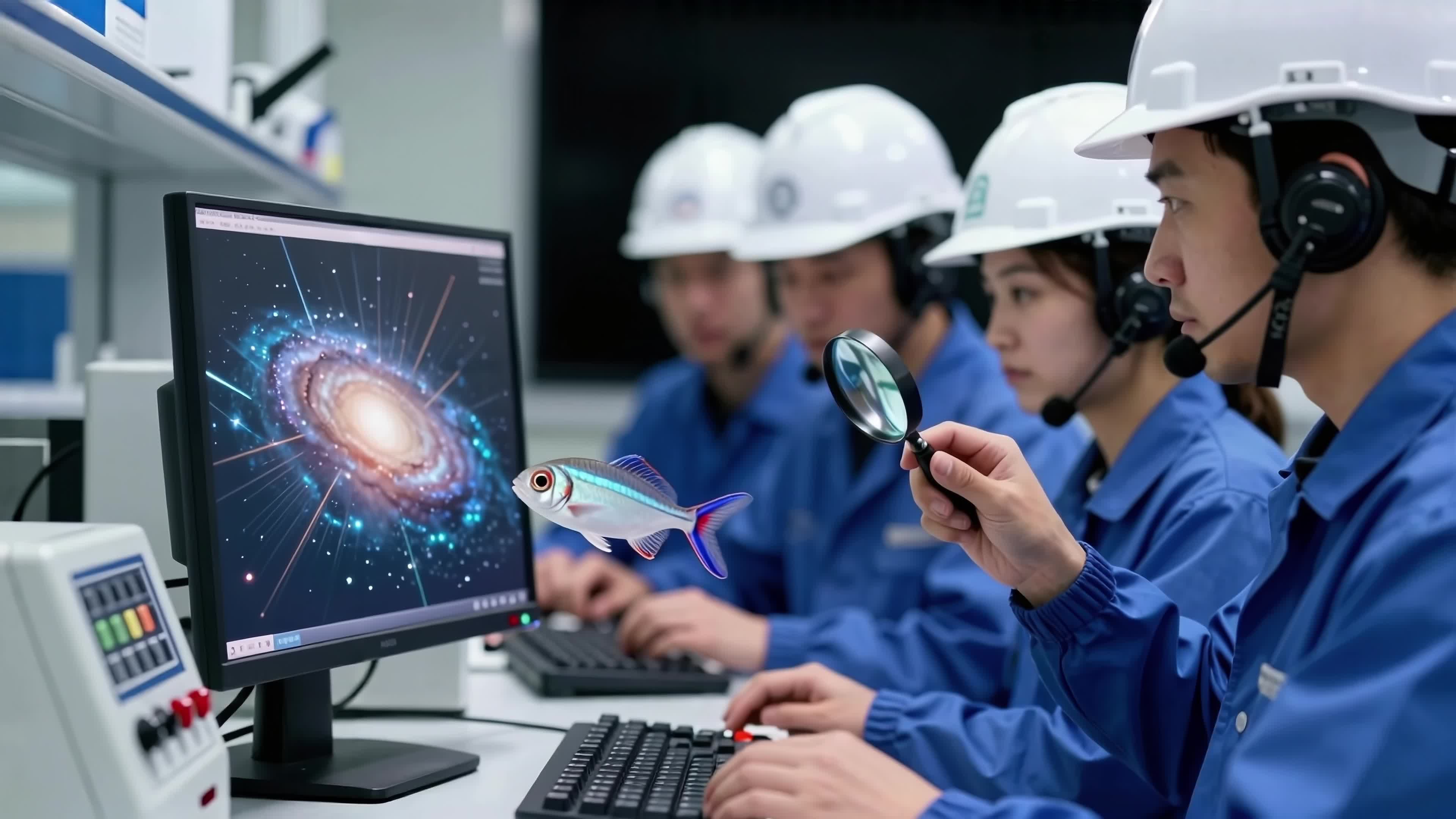 4K video - engineers examine glowing galactic screen featuring floating fish during futuristic lab session.