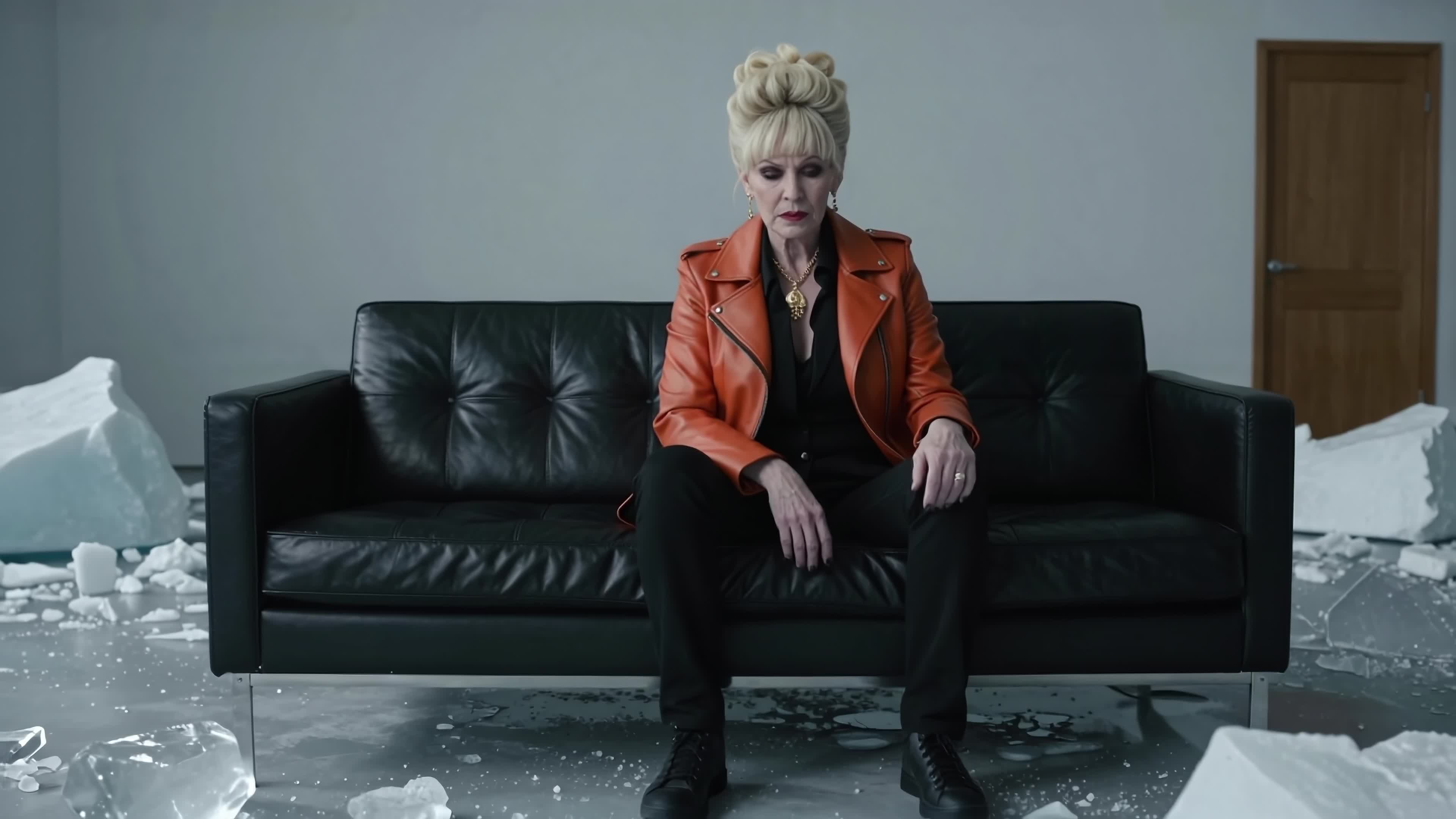 4K video - woman seated confidently in orange leather jacket amidst shattered ice and grey living room décor.