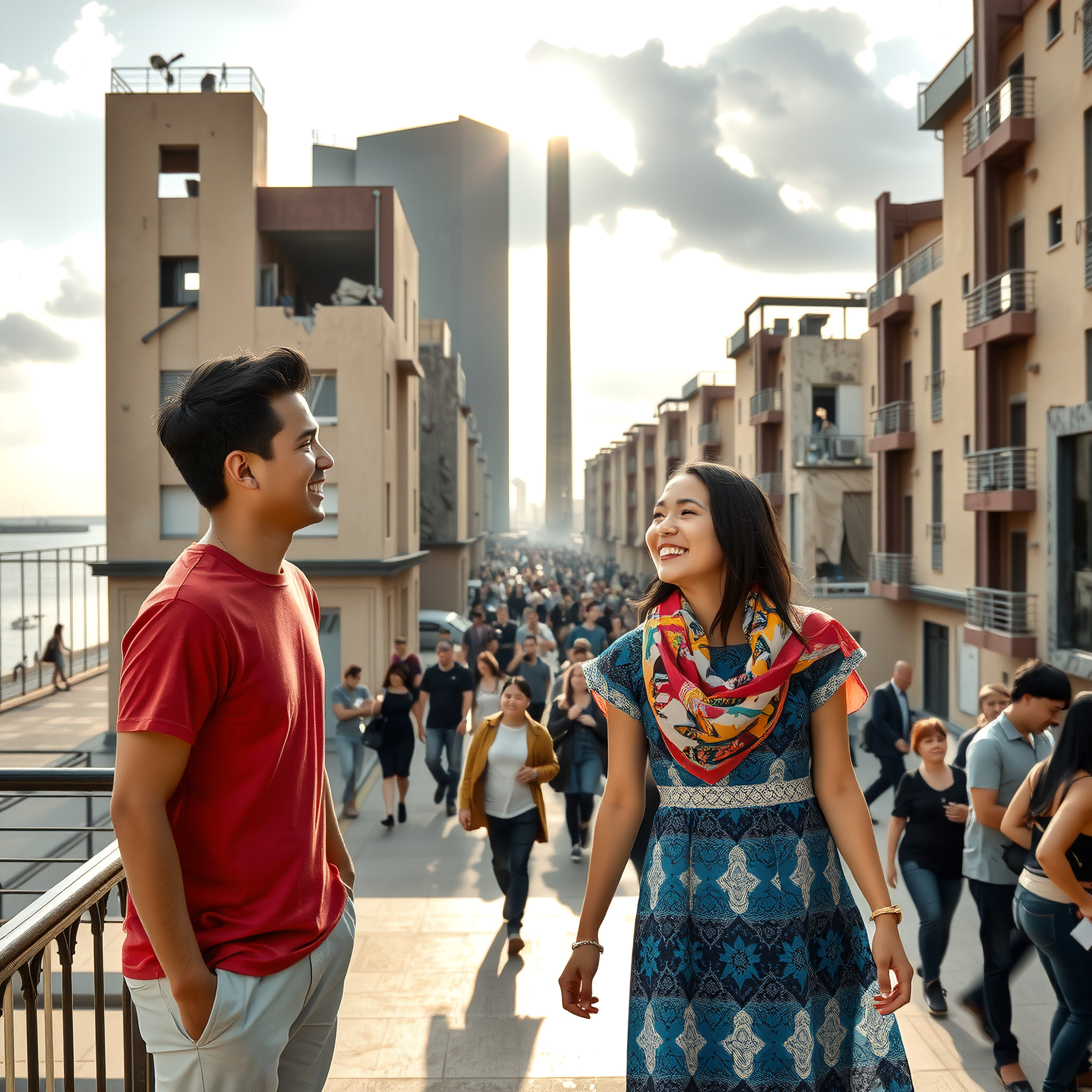 Urban Street Scene with Smiling Couple at Sunset