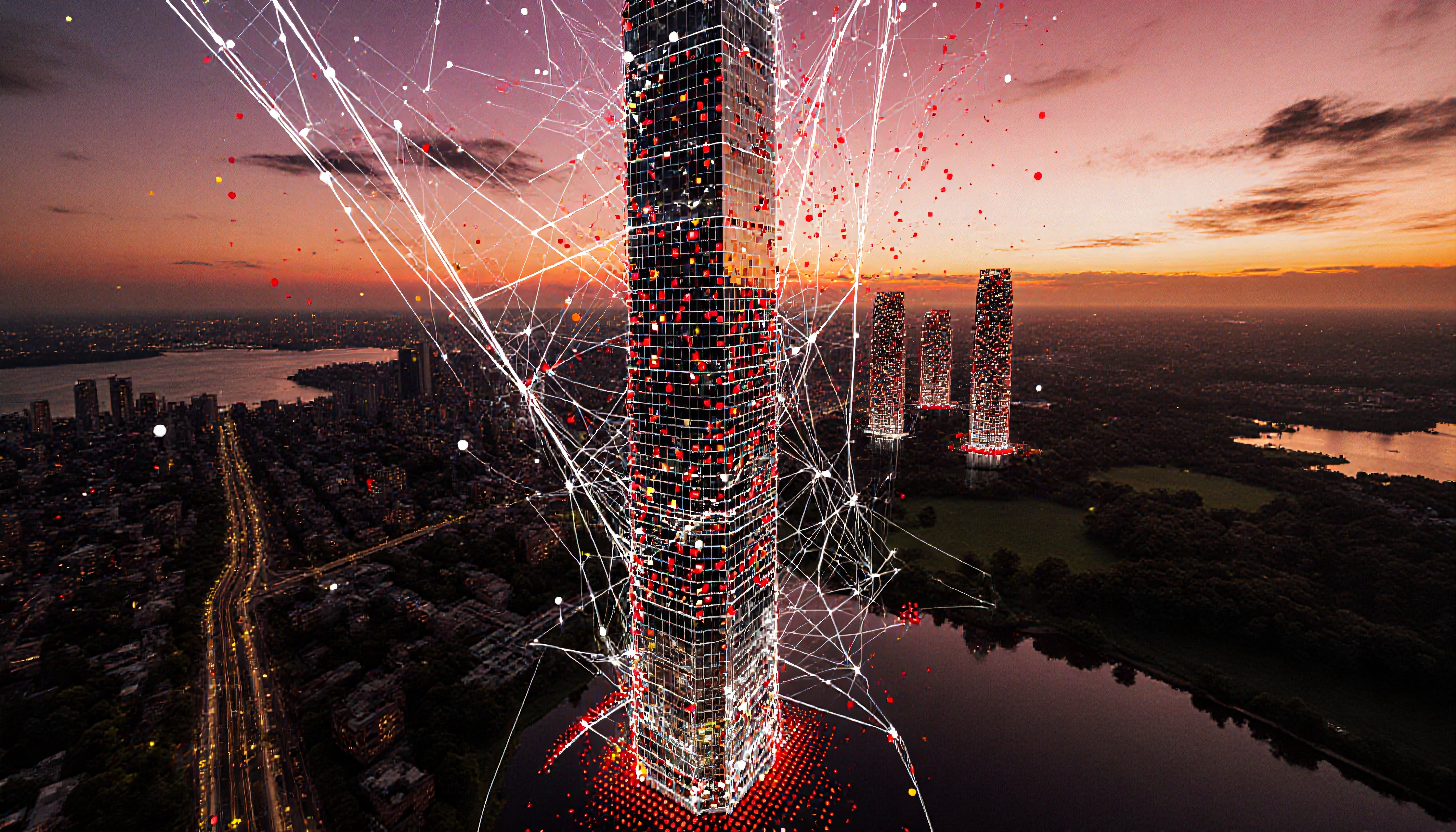 Futuristic City Skyline with Digital Network Patterns at Sunset