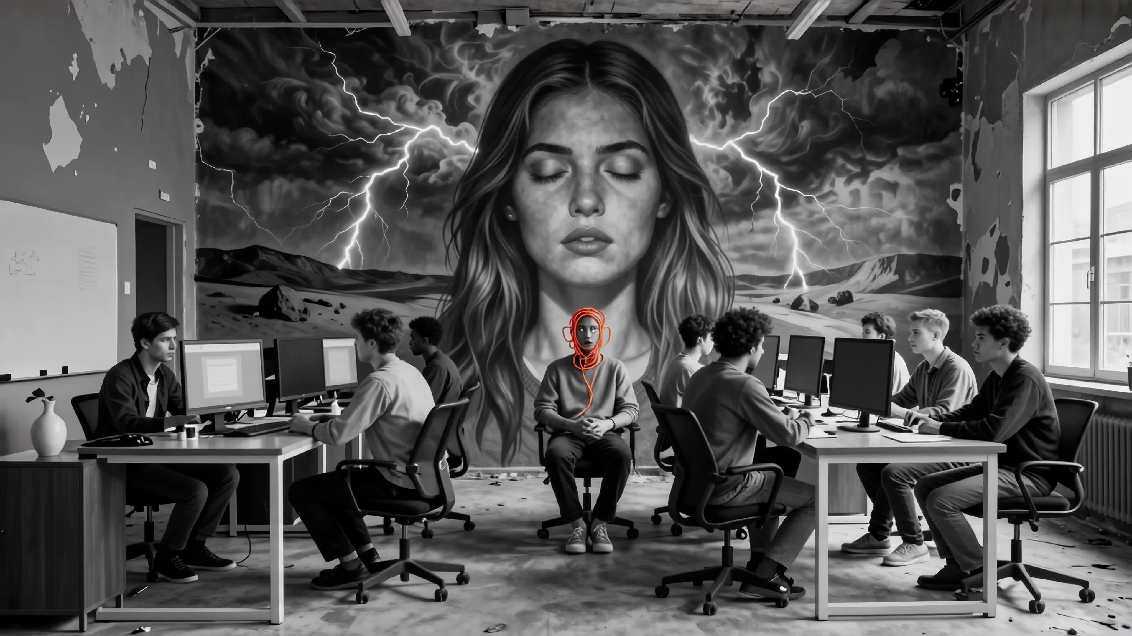 4K video - programmers surrounded by glowing digital storm goddess mural in surreal cybernetic workspace.