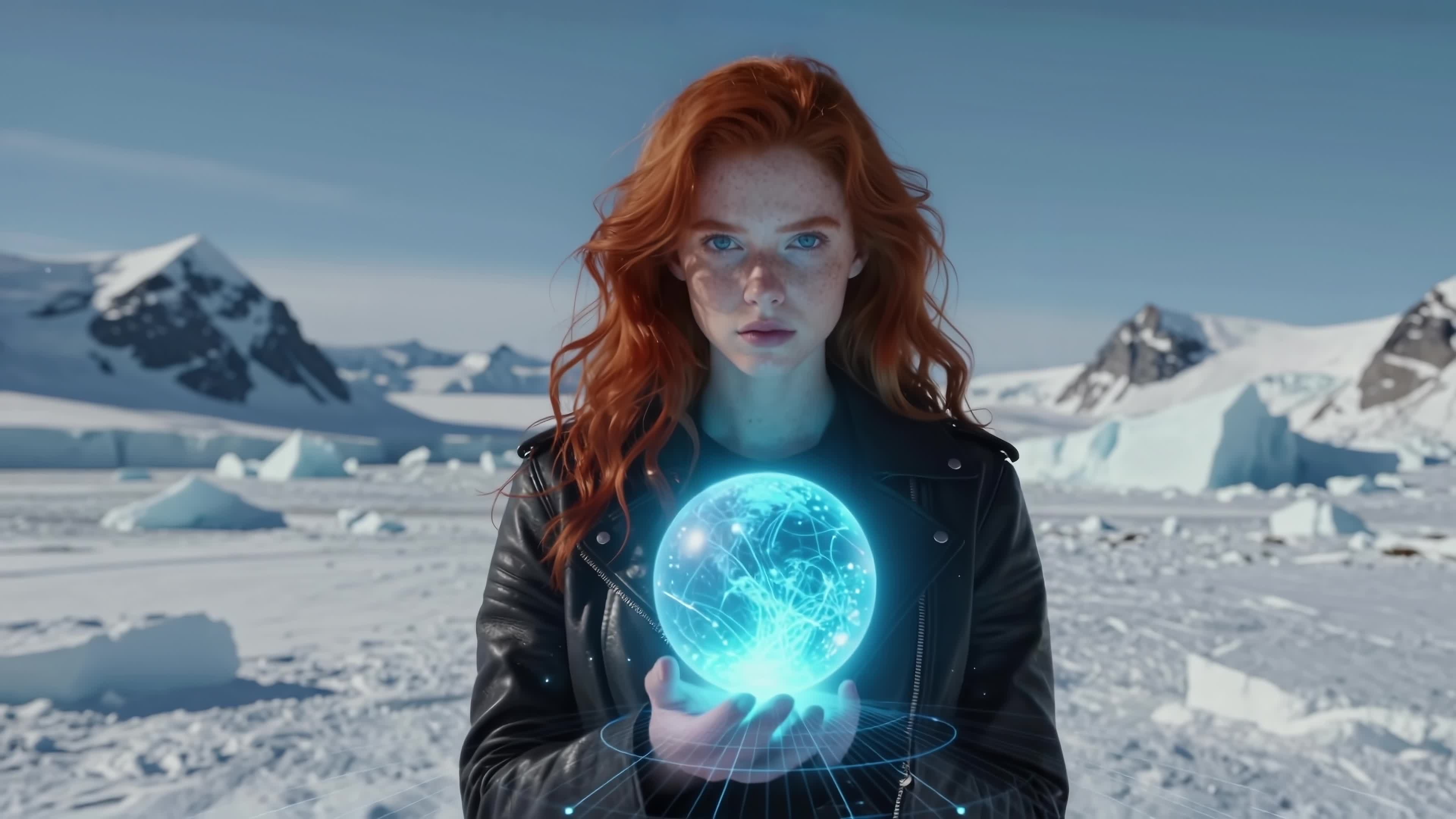 4K video - red-haired sorceress holds glowing cosmic orb amidst snowy mountain wilderness.