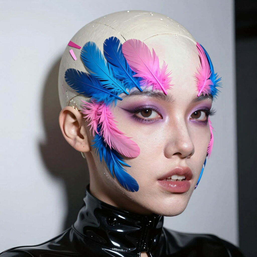 Avant-garde Fashion Portrait with Blue and Pink Feather Headpiece and Latex Outfit