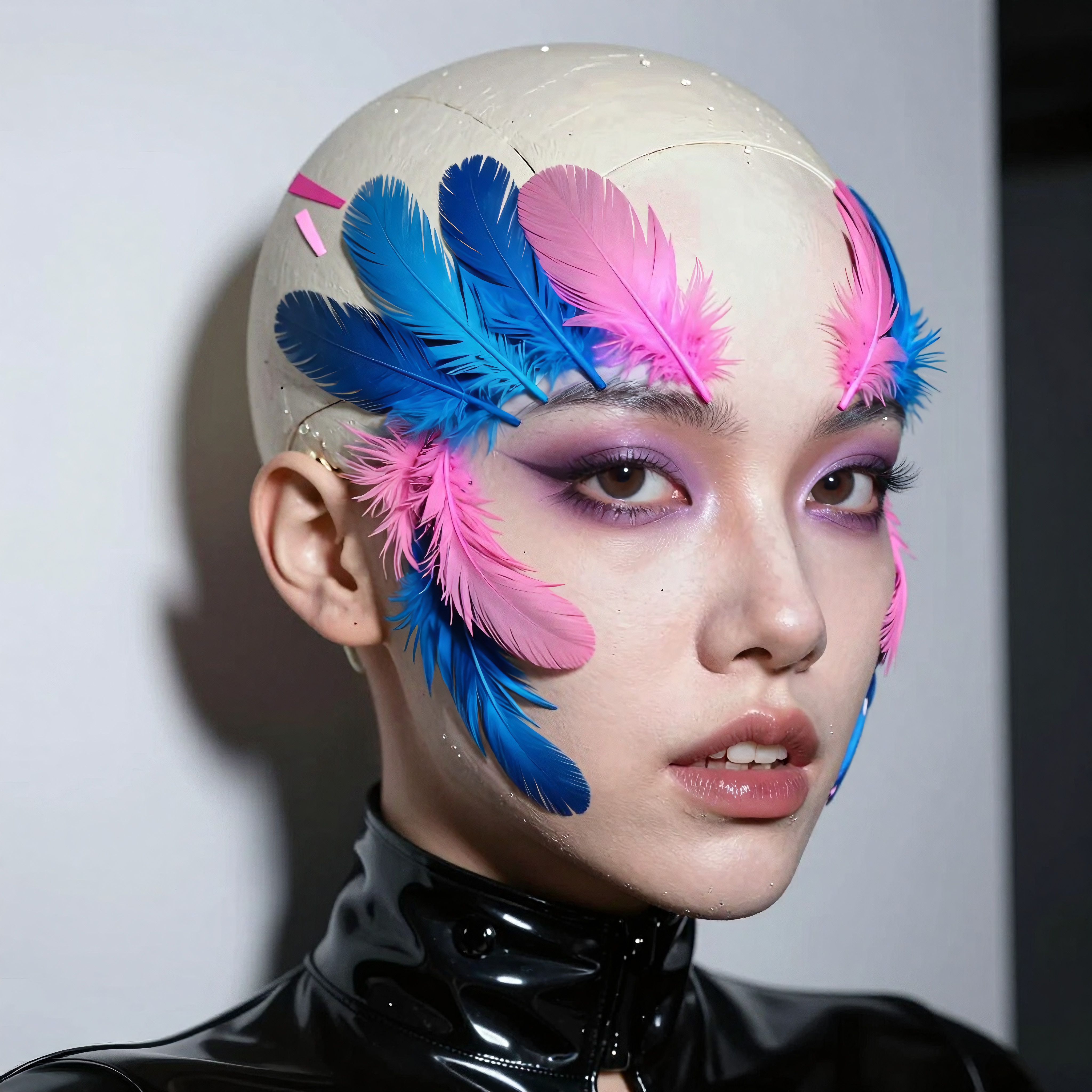 Avant-garde Fashion Portrait with Blue and Pink Feather Headpiece and Latex Outfit