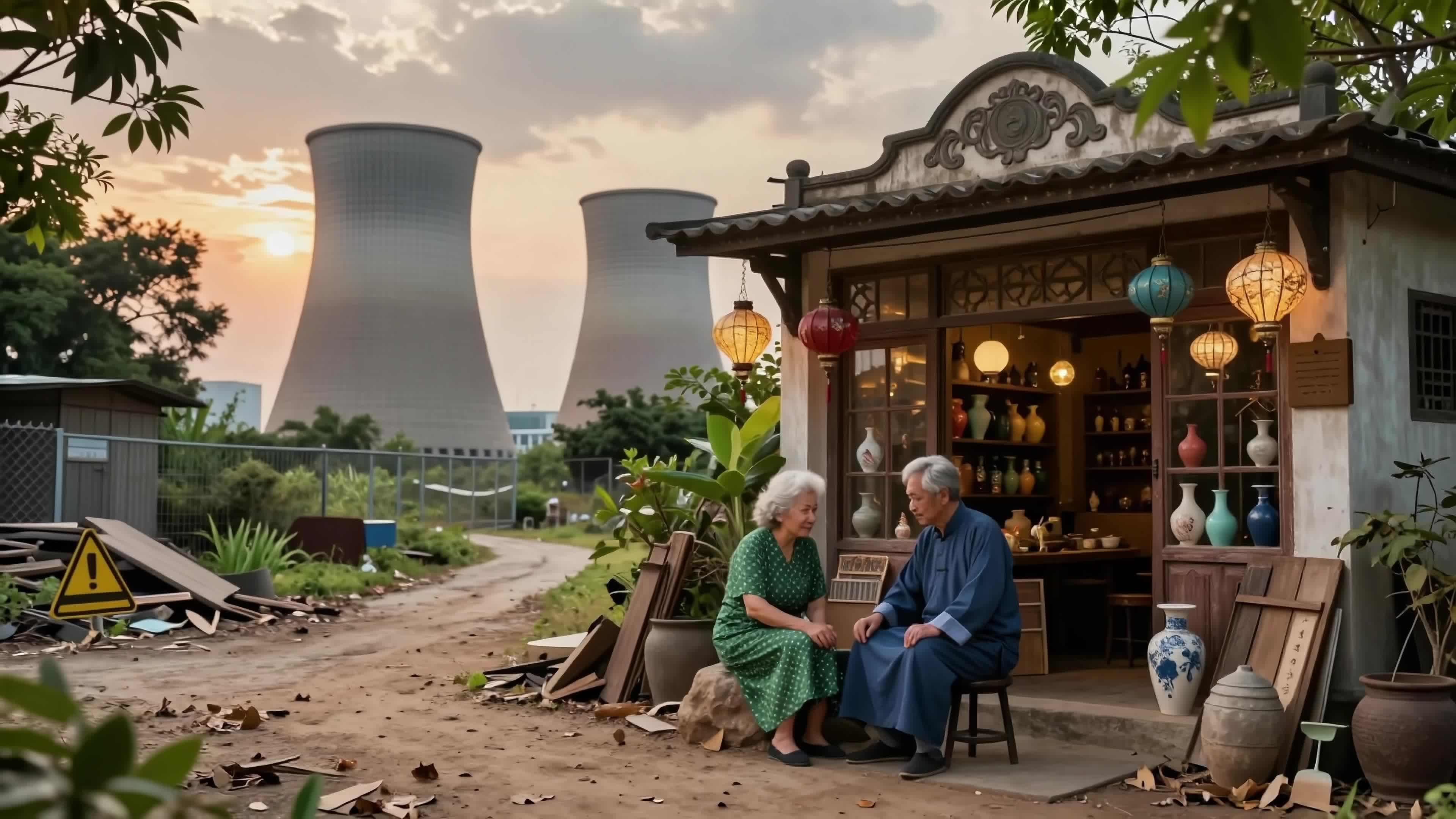 Elderly couple sitting calmly before ancient-style shop near towering power plant during magical sunset - 4K video.
