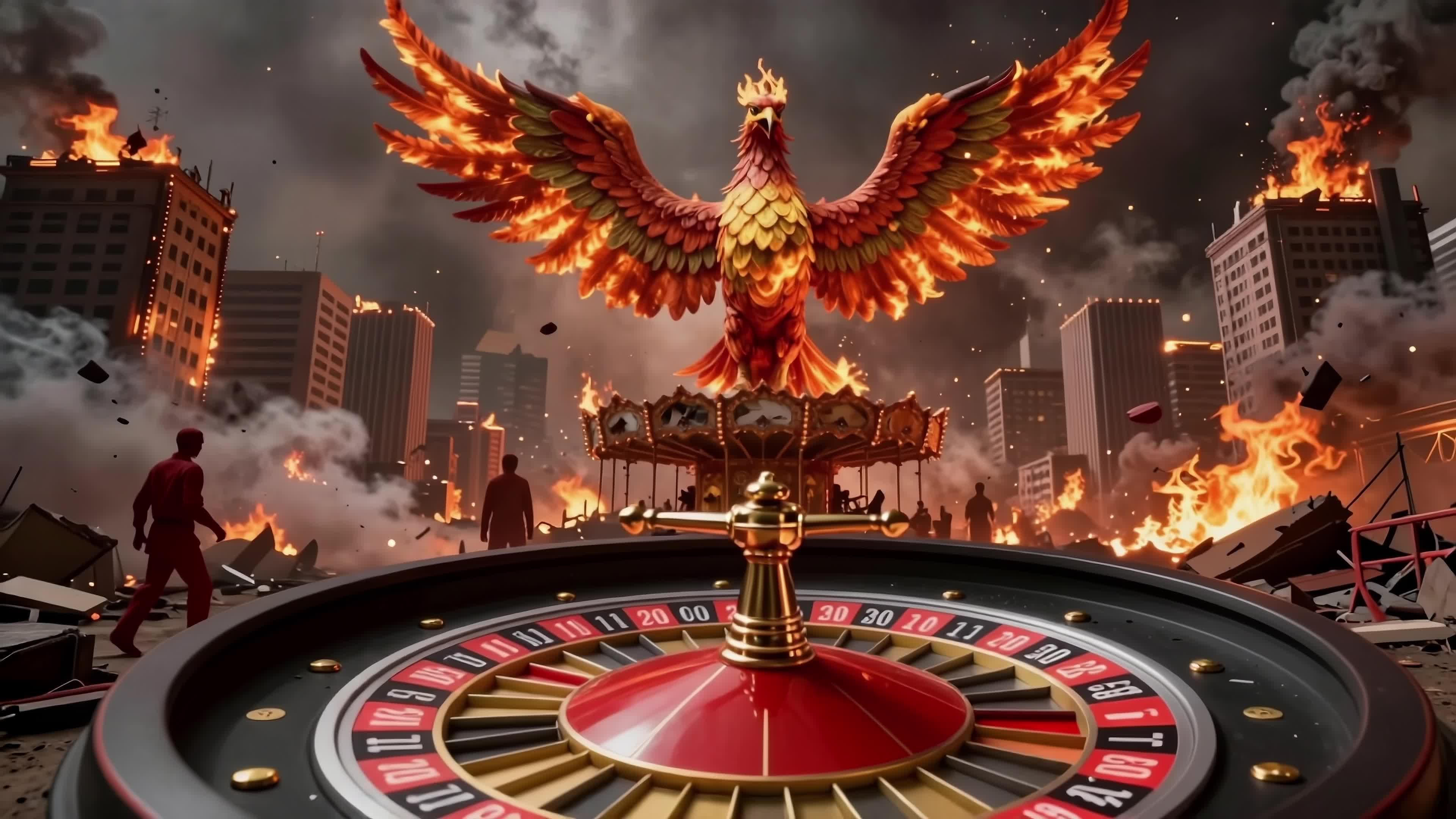 Mythical phoenix soaring over burning city amidst chaos and drama - 4K video.