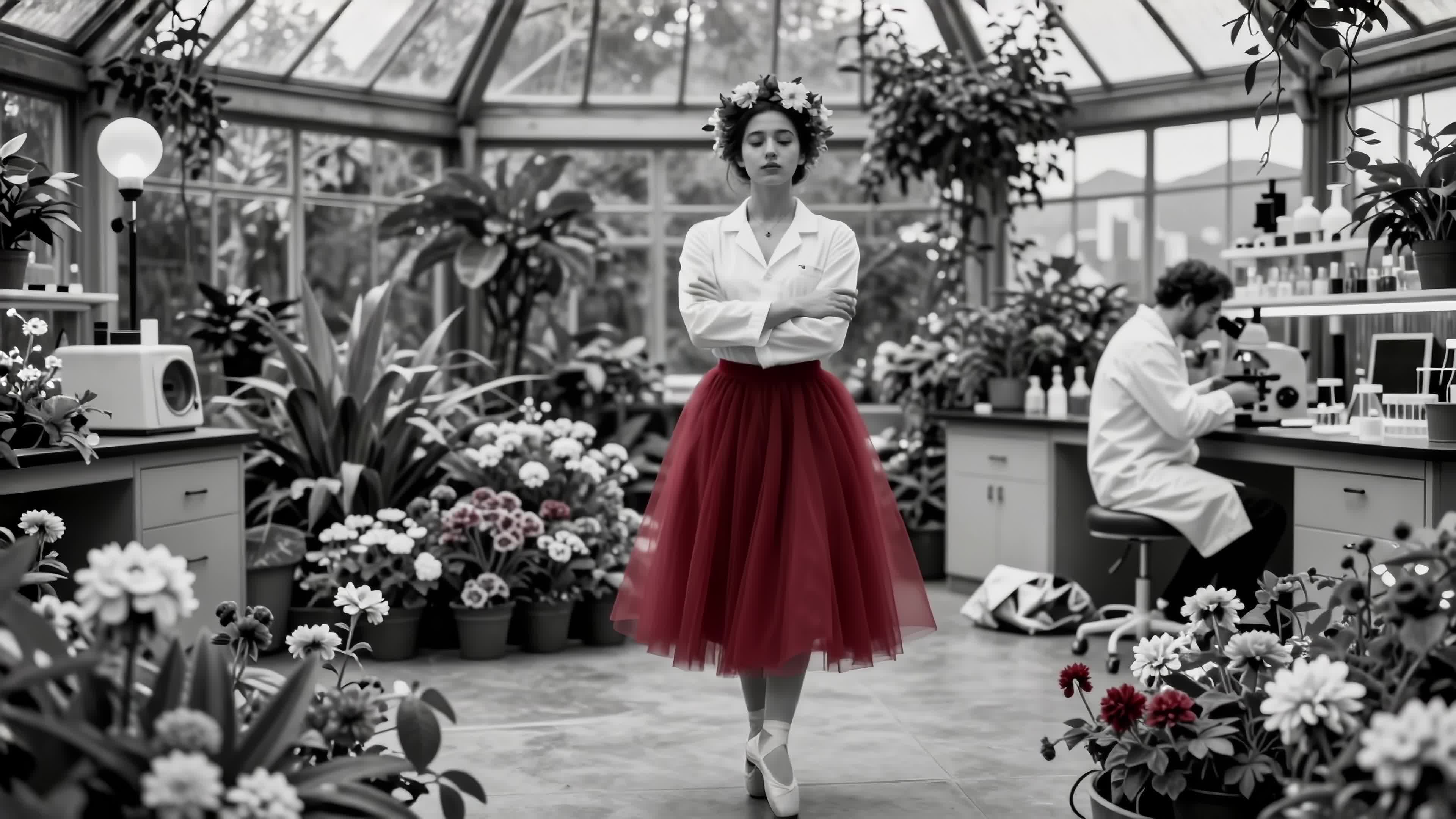 Woman dancing in red skirt amid blooming flowers inside monochrome greenhouse surrounded by scientists and lush greenery - 4K video.