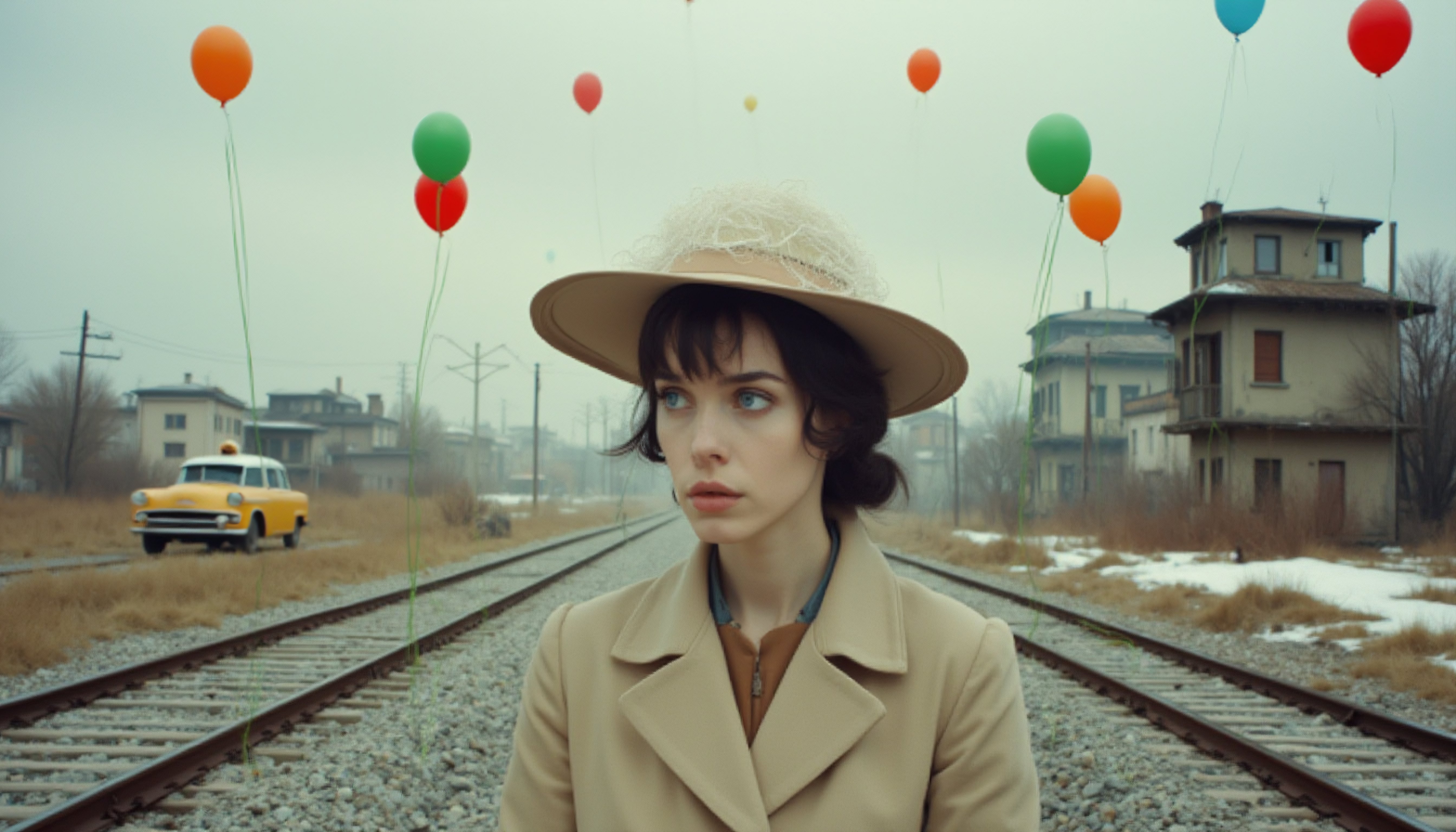 Woman in Beige Coat Amidst Colorful Balloons on Railway Tracks