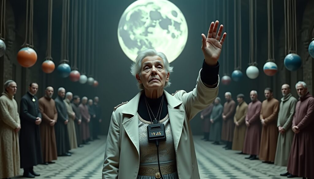 Elderly Scientist Gestures toward Moon in Grand Celestial Chamber