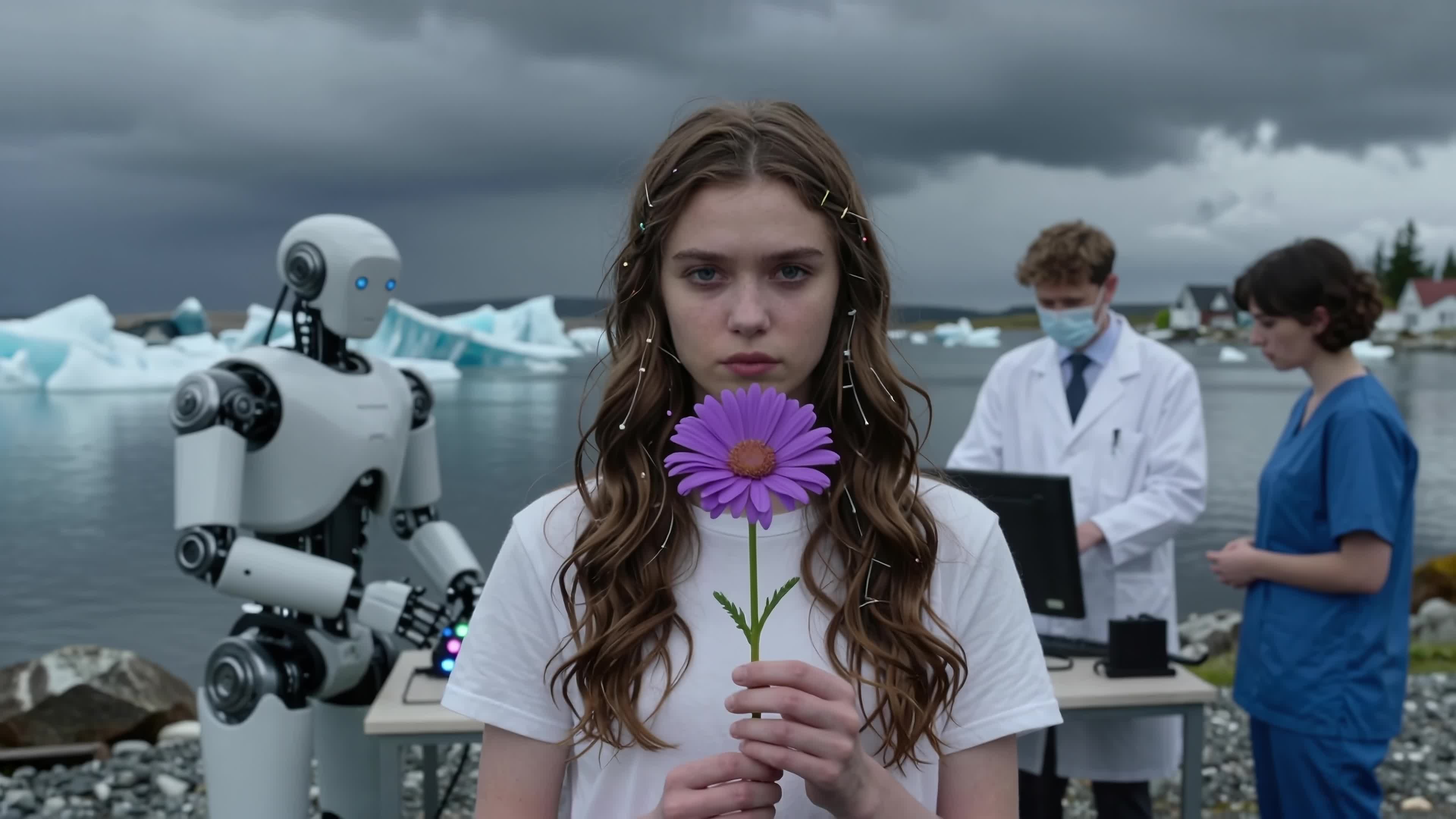 4K video - young girl holds purple flower beside robot amid scientists near glacial waterscape.