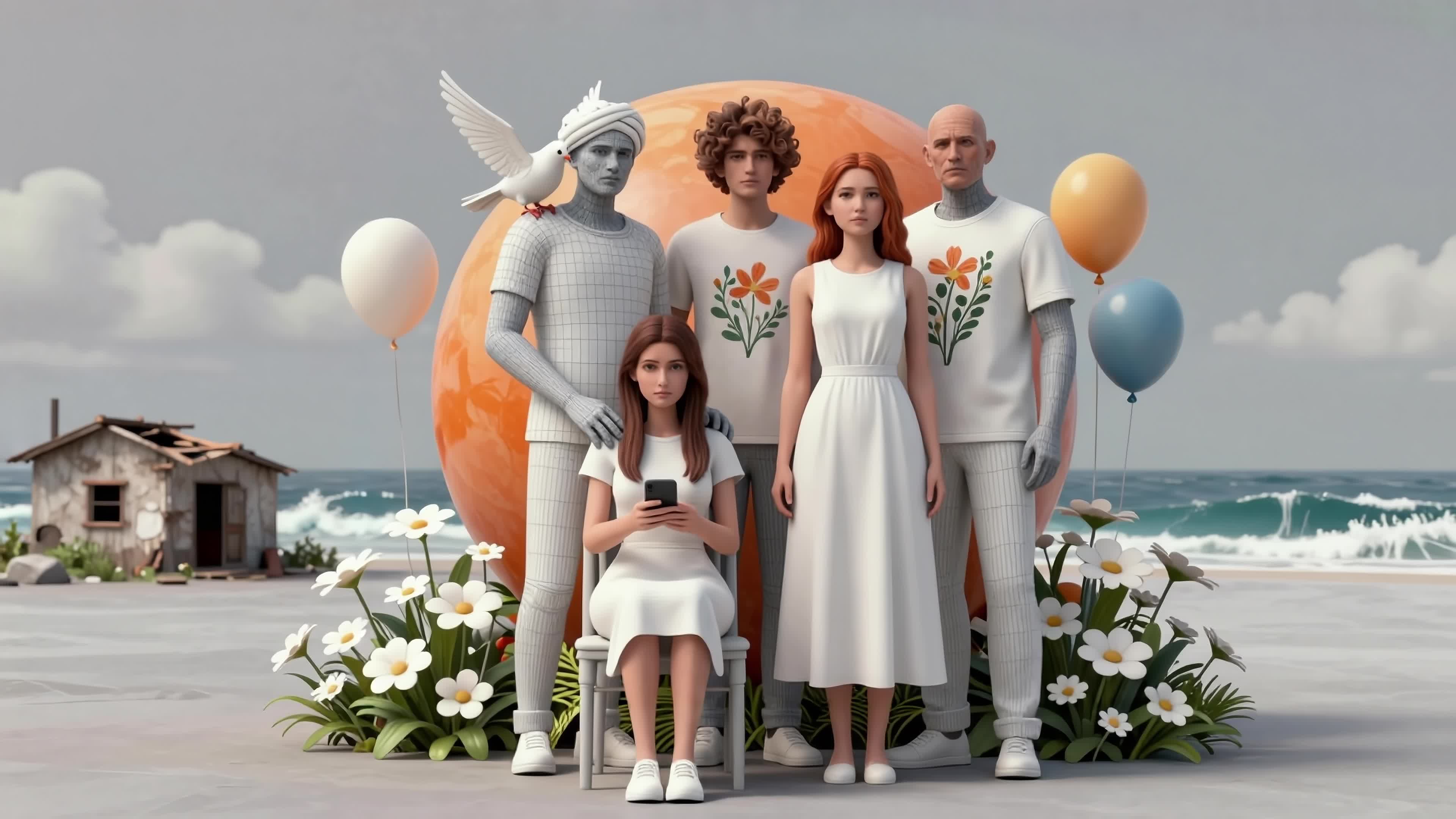 Surreal animated family posing on alien beach with floating balloons and mystical flora - 4K video.