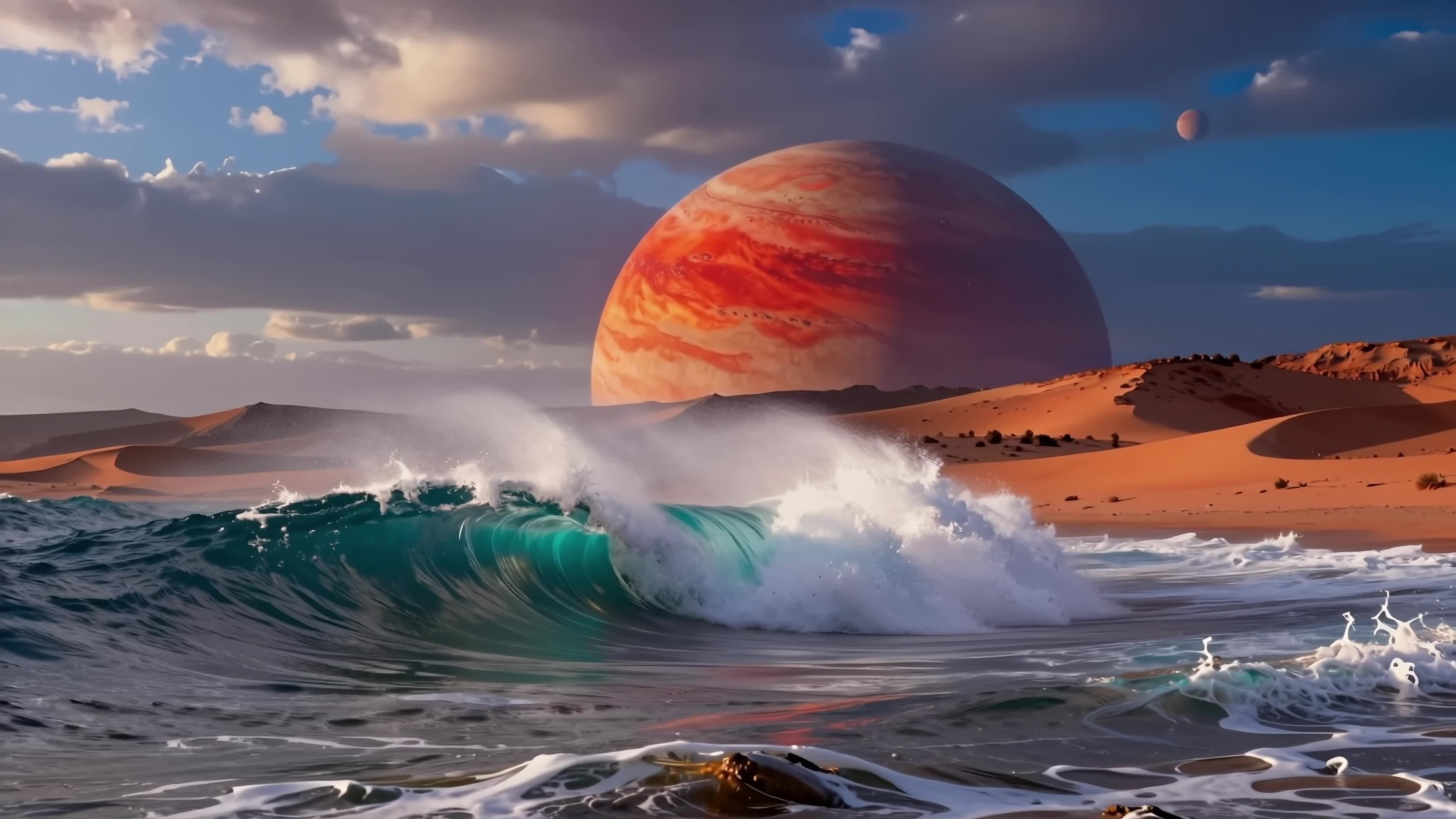 4K video - surreal alien coastline featuring crashing teal waves under giant red planet and dual moons.