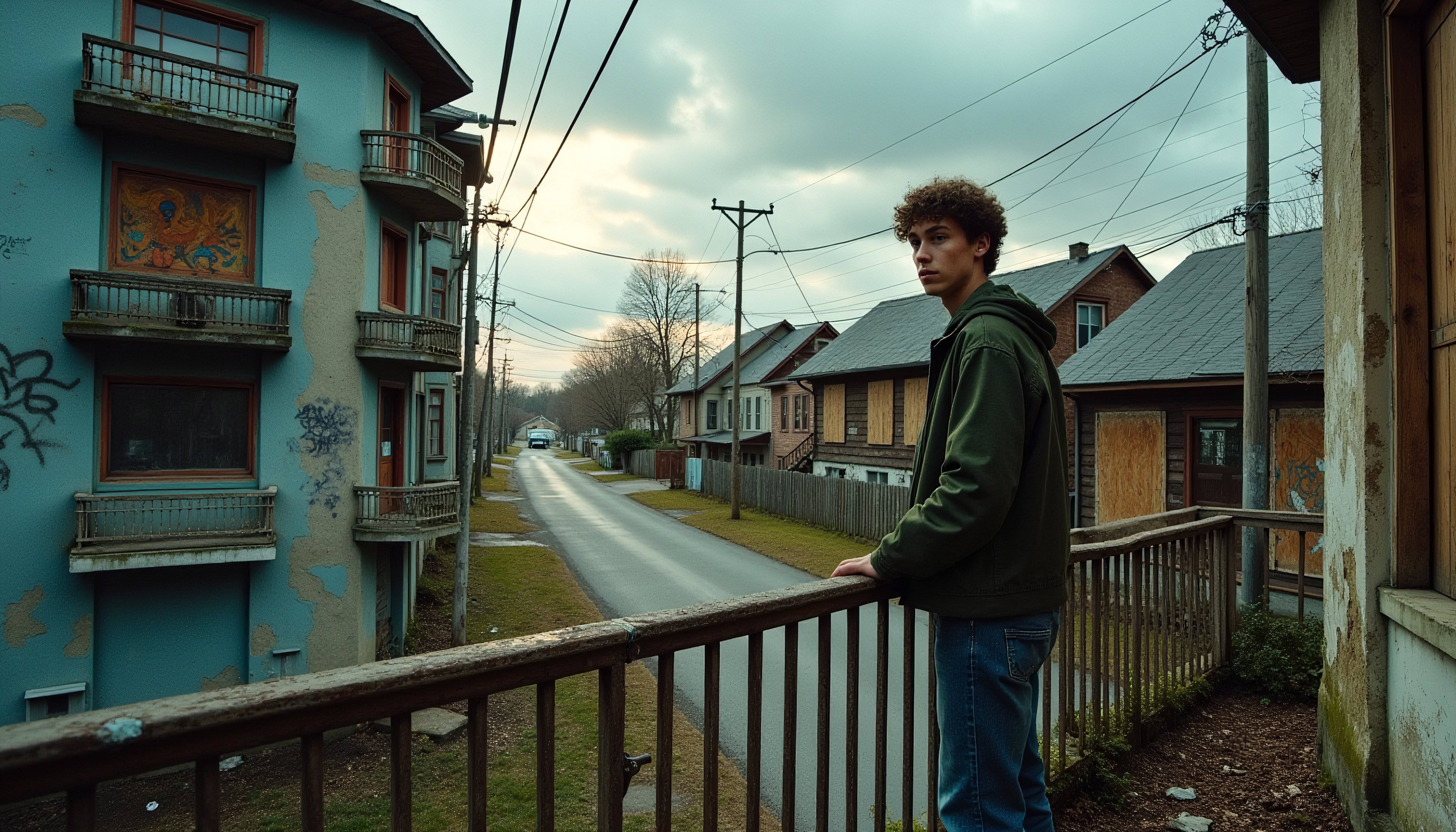 Urban Street Scene with Young Man on Weathered Fence