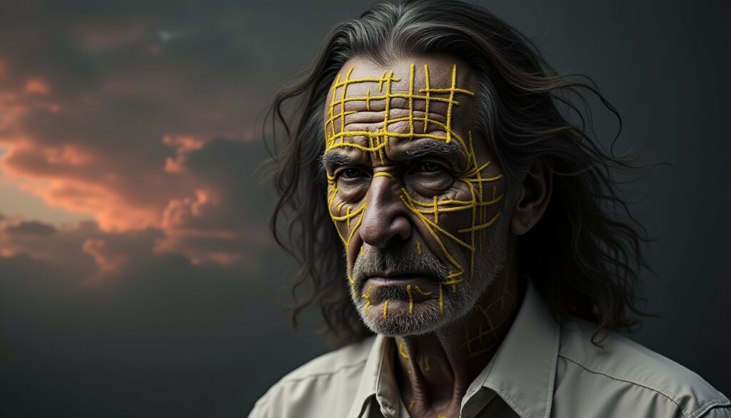 Artistic Portrait of Man with Yellow Grid Markings Against Dramatic Sky