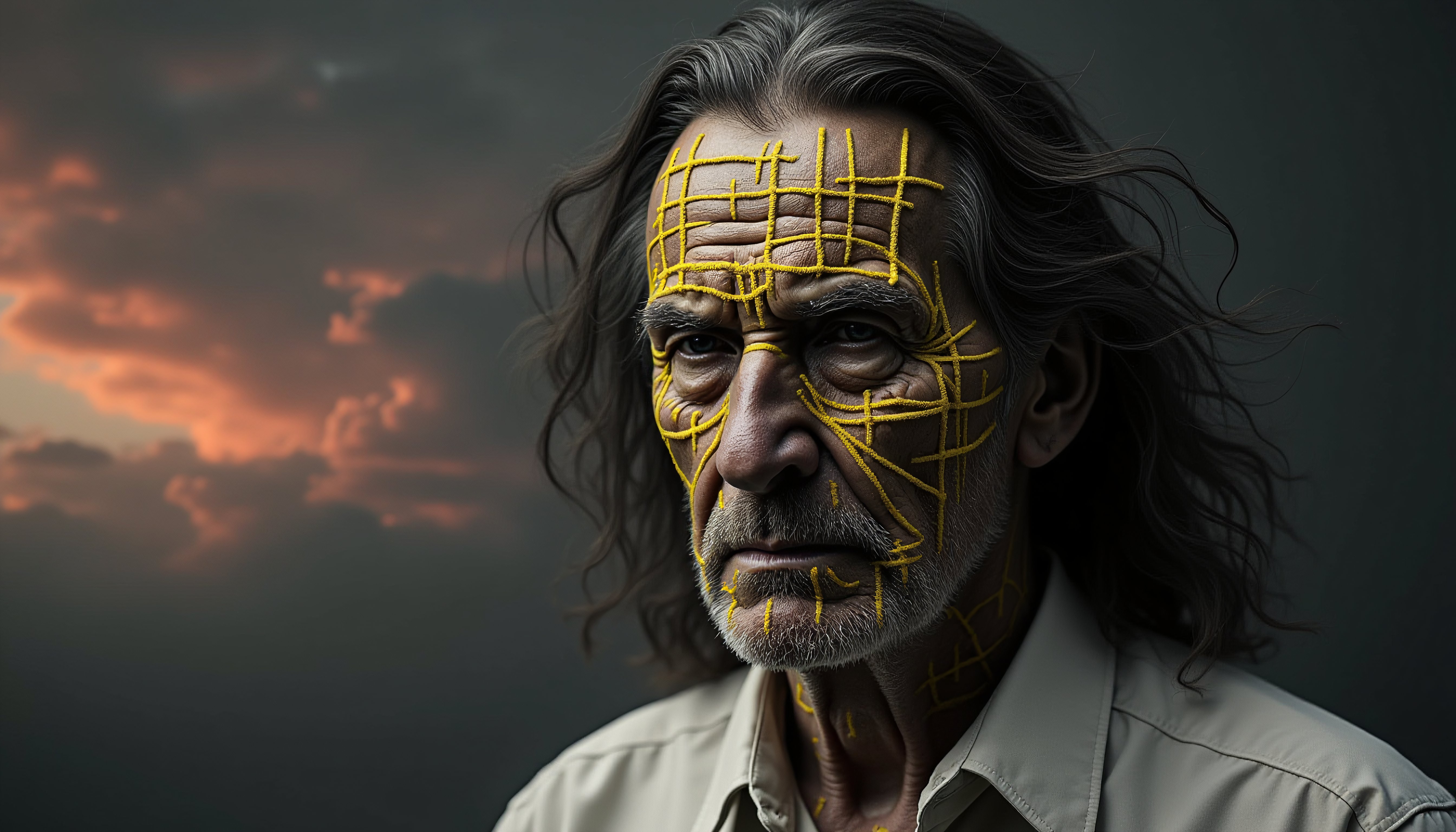Artistic Portrait of Man with Yellow Grid Markings Against Dramatic Sky