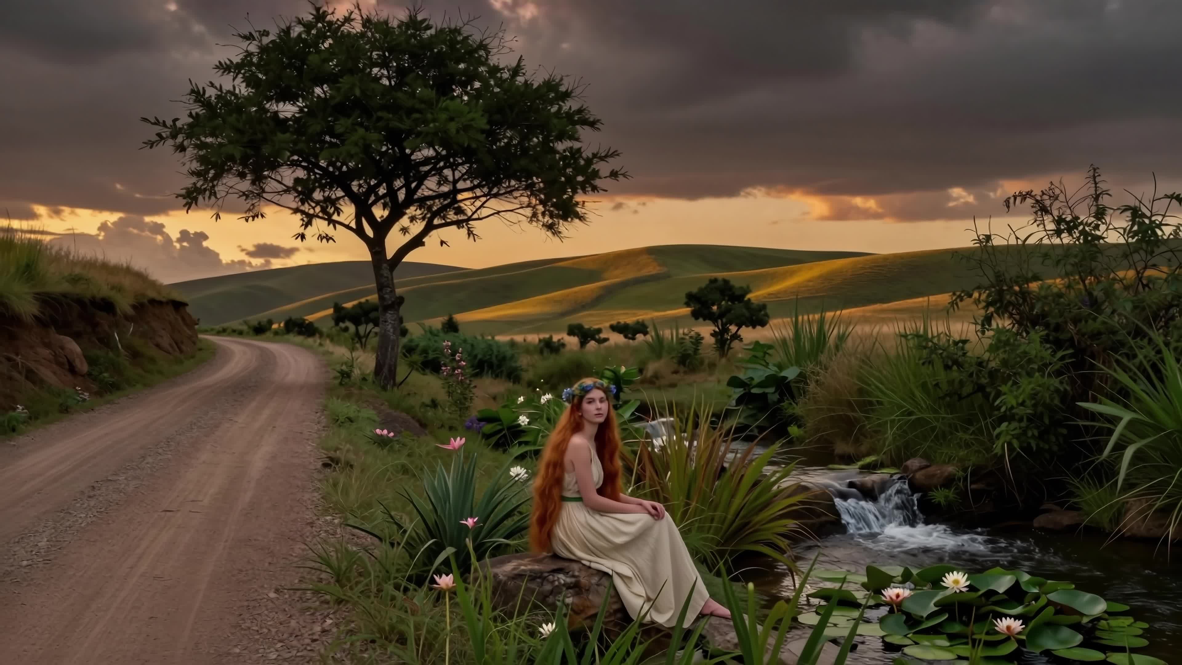 A graceful woman adorned with flowers rests peacefully near a babbling brook under a radiant golden sunset amidst undulating green fields and majestic trees - 4K video.