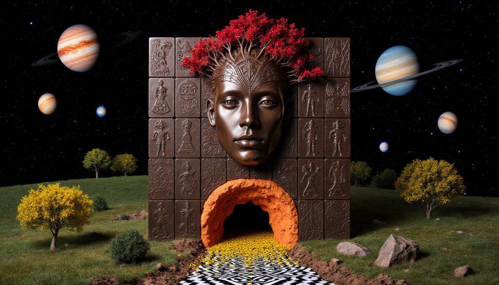 Cosmic Wisdom: A Steampunk Portal Emerging from a Human Face on a Galaxy Background