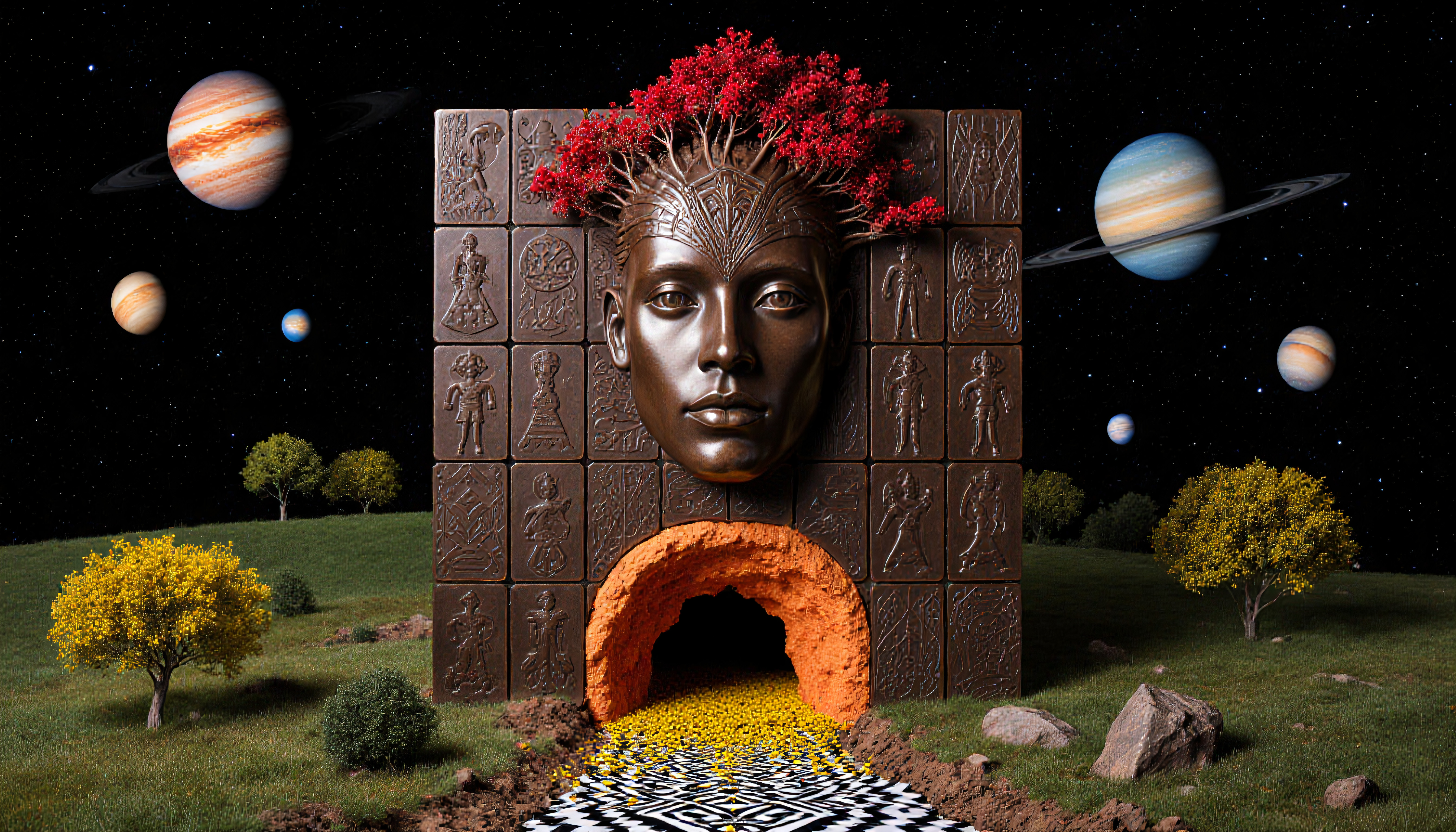 Cosmic Wisdom: A Steampunk Portal Emerging from a Human Face on a Galaxy Background