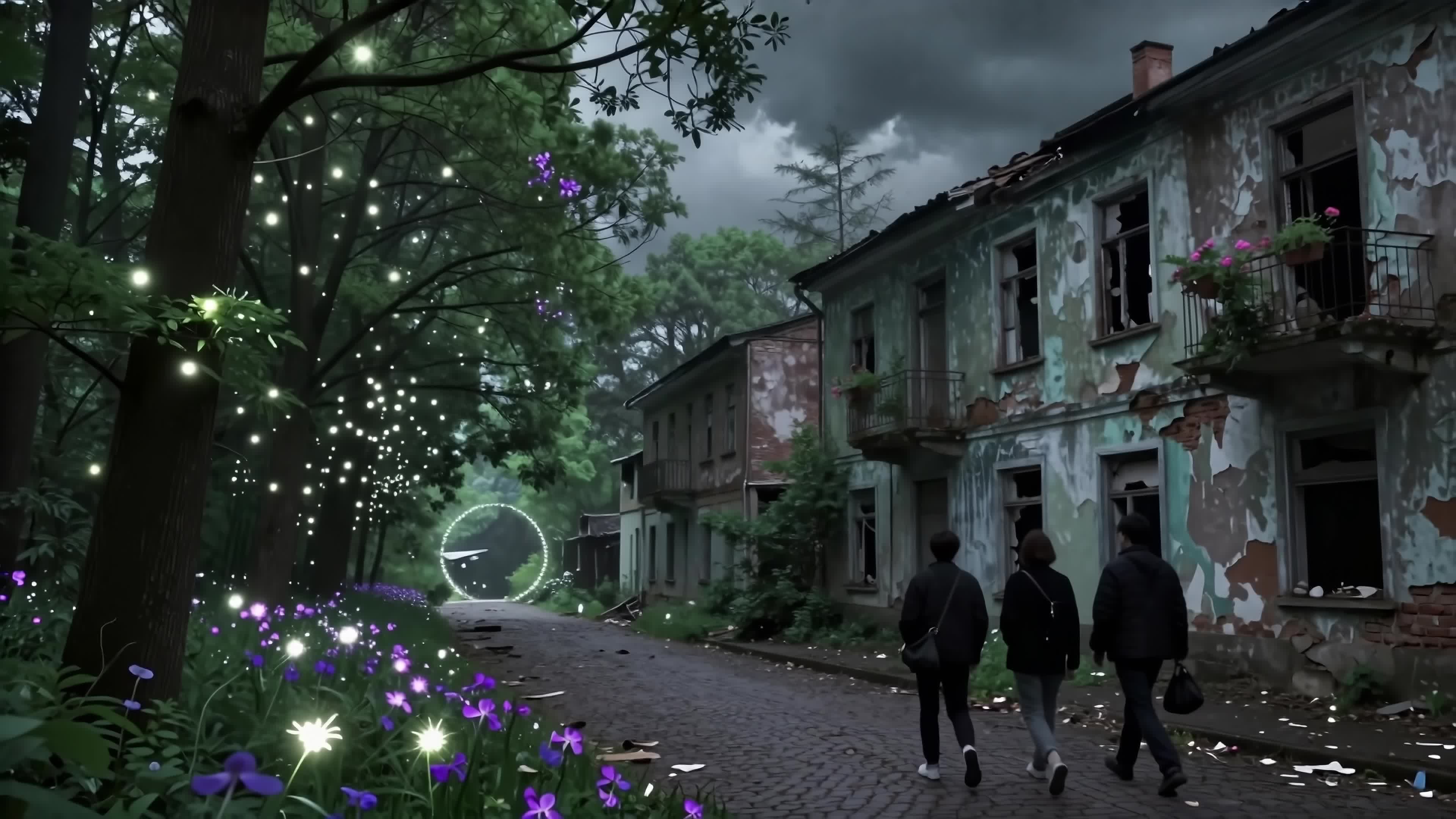 4K video - three wanderers explore magical ruins under starlit skies amidst glowing flora near mysterious swirling doorways.