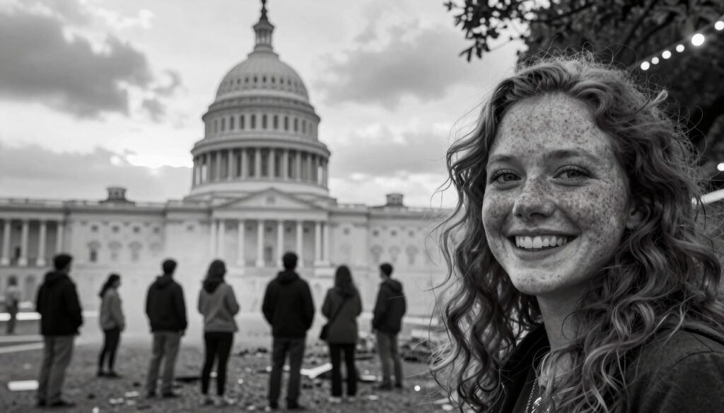 Close-up Portrait of Young Woman with Washington Monument in Background