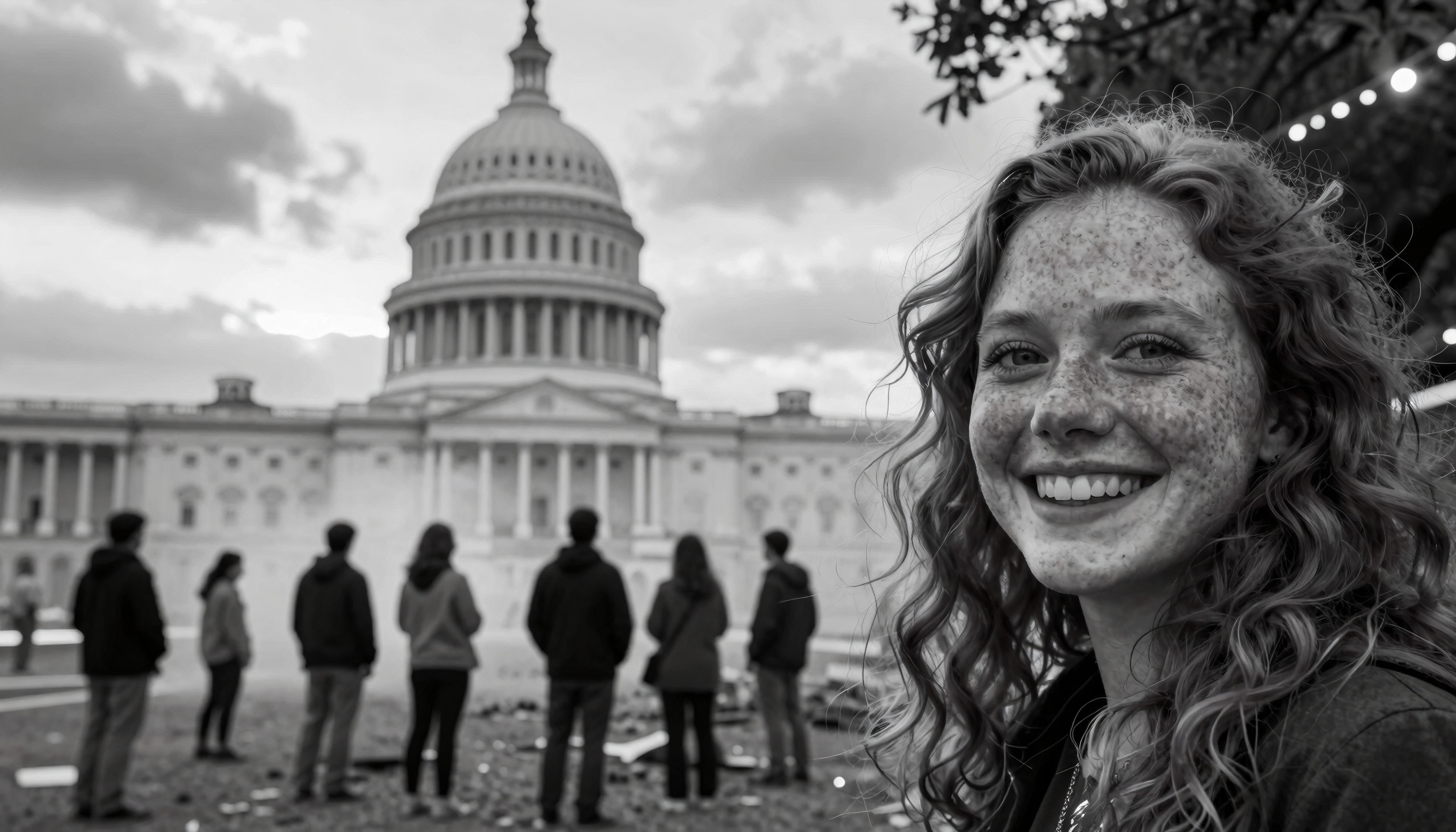 Close-up Portrait of Young Woman with Washington Monument in Background