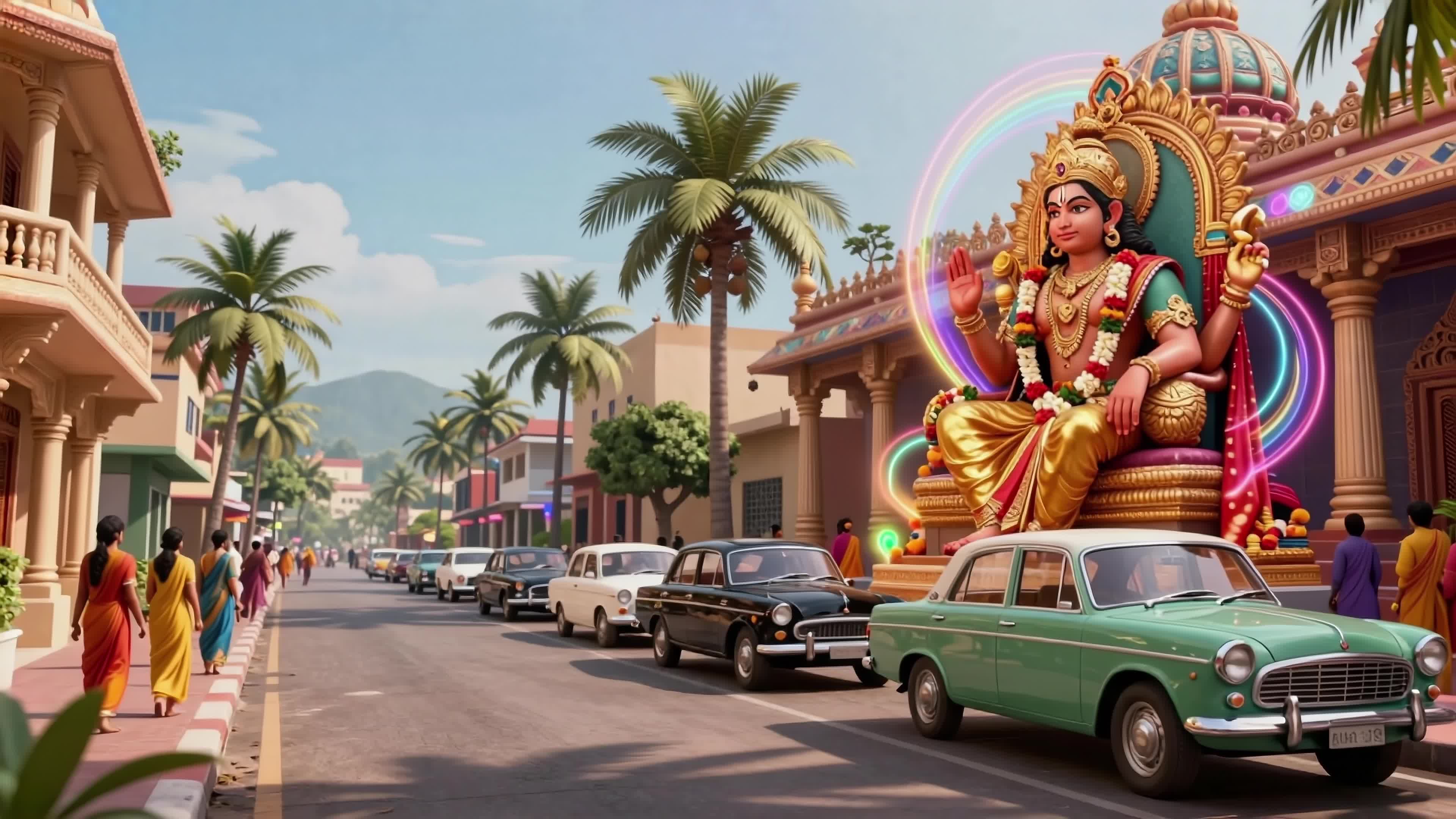 Vibrant animated street featuring Goddess Durga amidst vintage cars, palms, and Indian temples under sunny skies - 4K video.