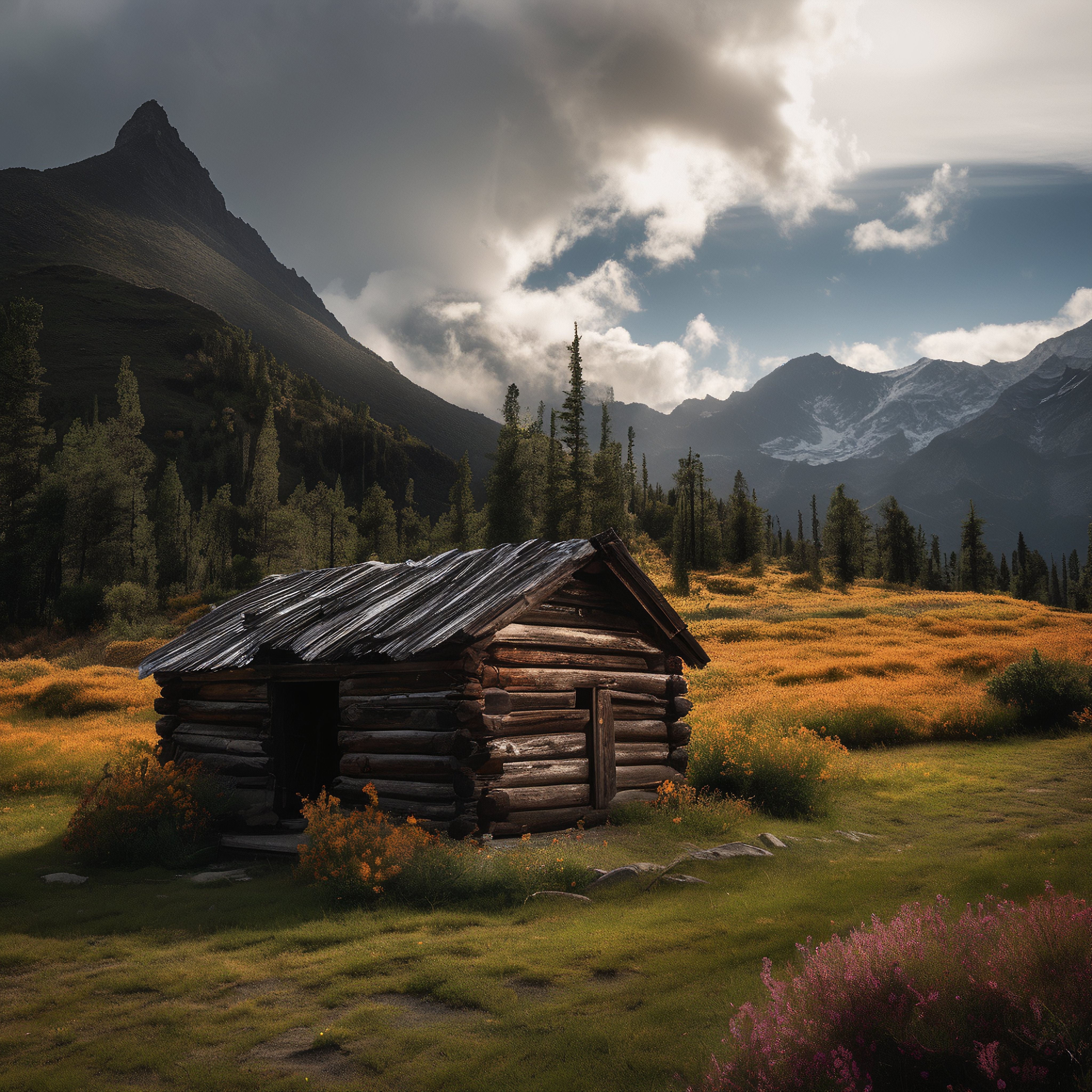 Alpine Log Cabin in Autumn Meadows with Snow-Capped Mountains