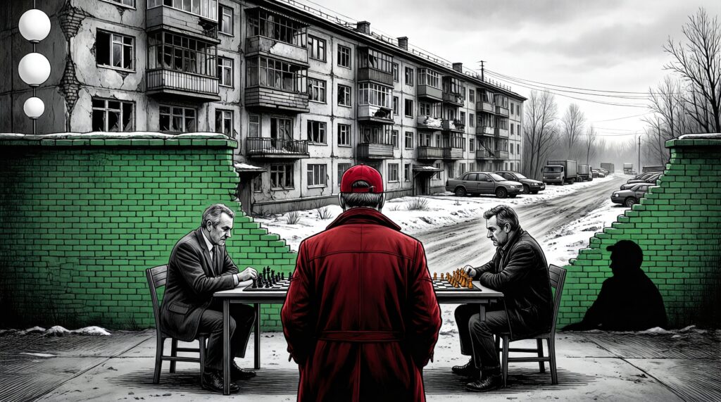 Gritty Urban Winter Chess Scene with Soviet-Style Architecture