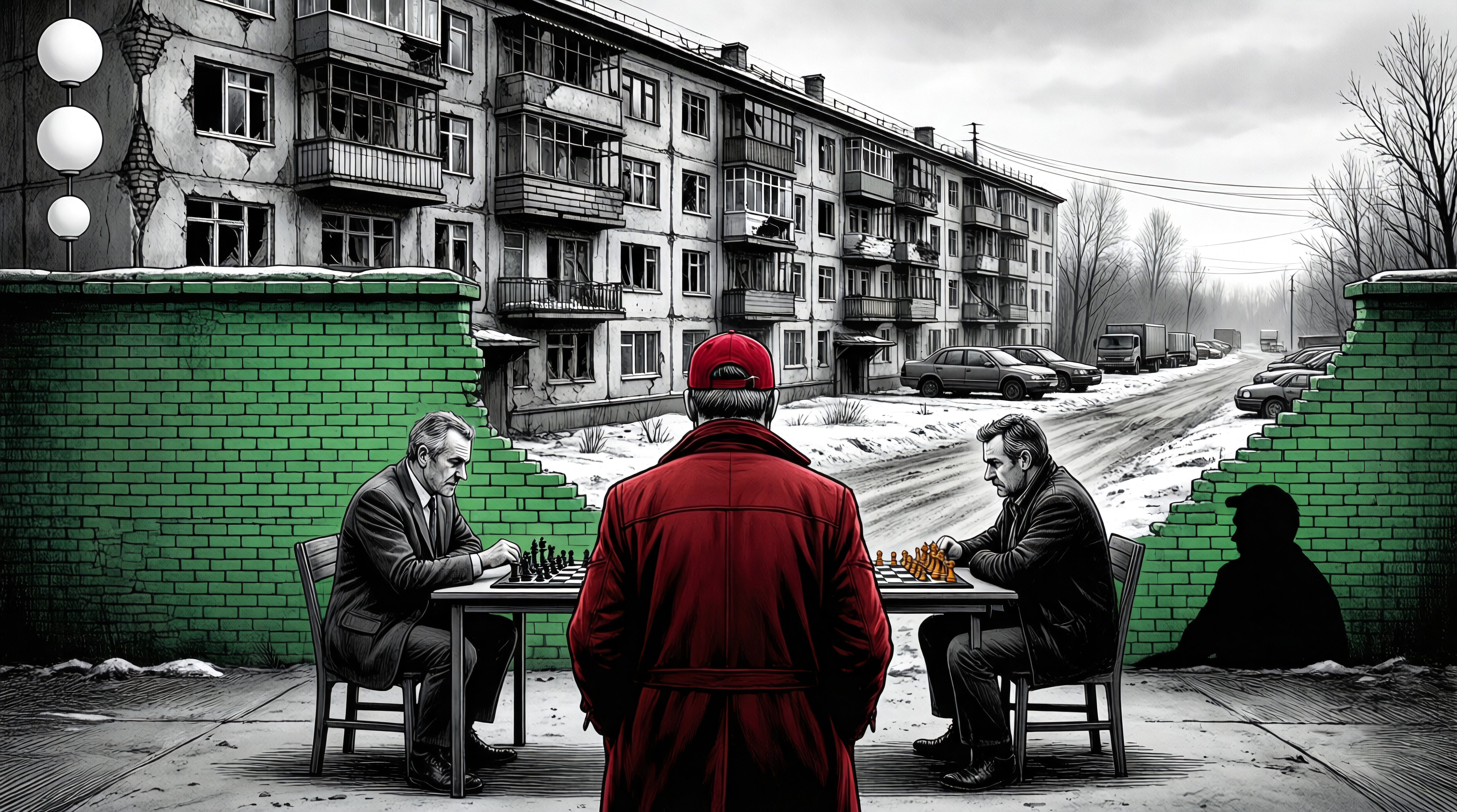 Gritty Urban Winter Chess Scene with Soviet-Style Architecture