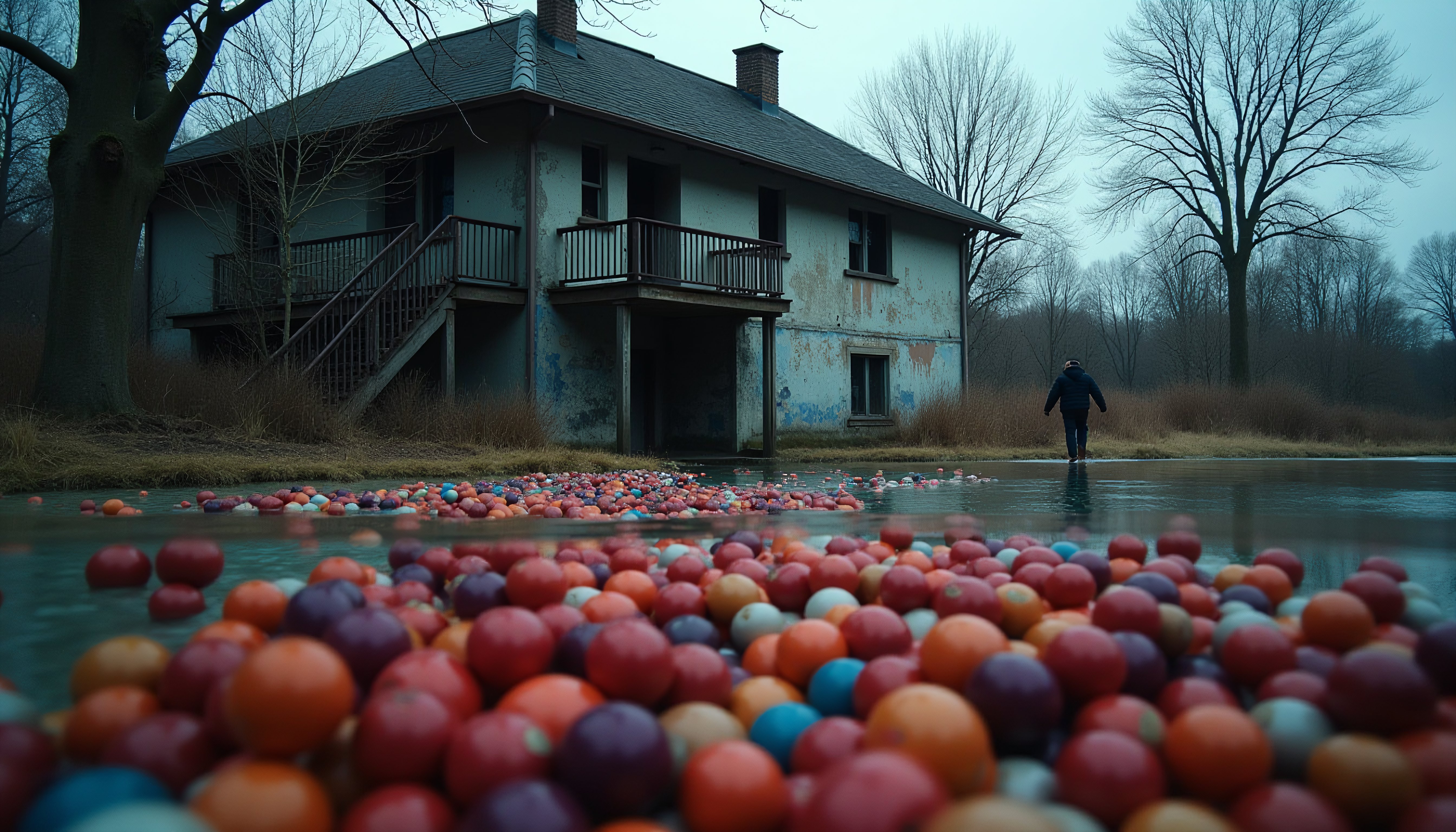 Vintage House with Colorful Balls in Icy Lake